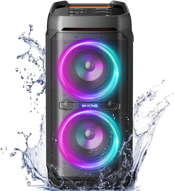 W-KING 100W Bluetooth Speakers V5.3, Portable IPX6 Waterproof Party Speaker Loud with Deep Bass/110dB Huge Sound/DSP, Karaoke Outdoor Boombox with Lights/Mic&Guitar Port/ECHO/USB Port/Adapter Included