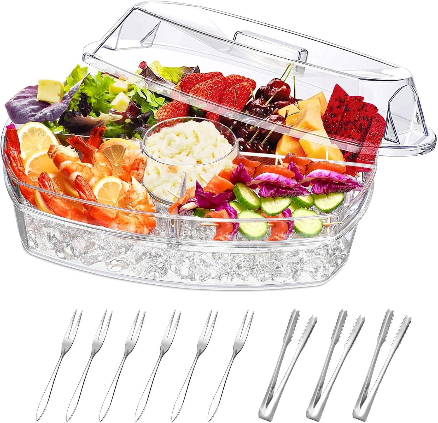 Chilled Serving Platters,Chilled Veggie Tray with Lid,Ice Serving Platters and Trays Cold Travel,Fruit Ice Serving Tray,Appetizer Fruit Snack Tray Keeps Food Cool