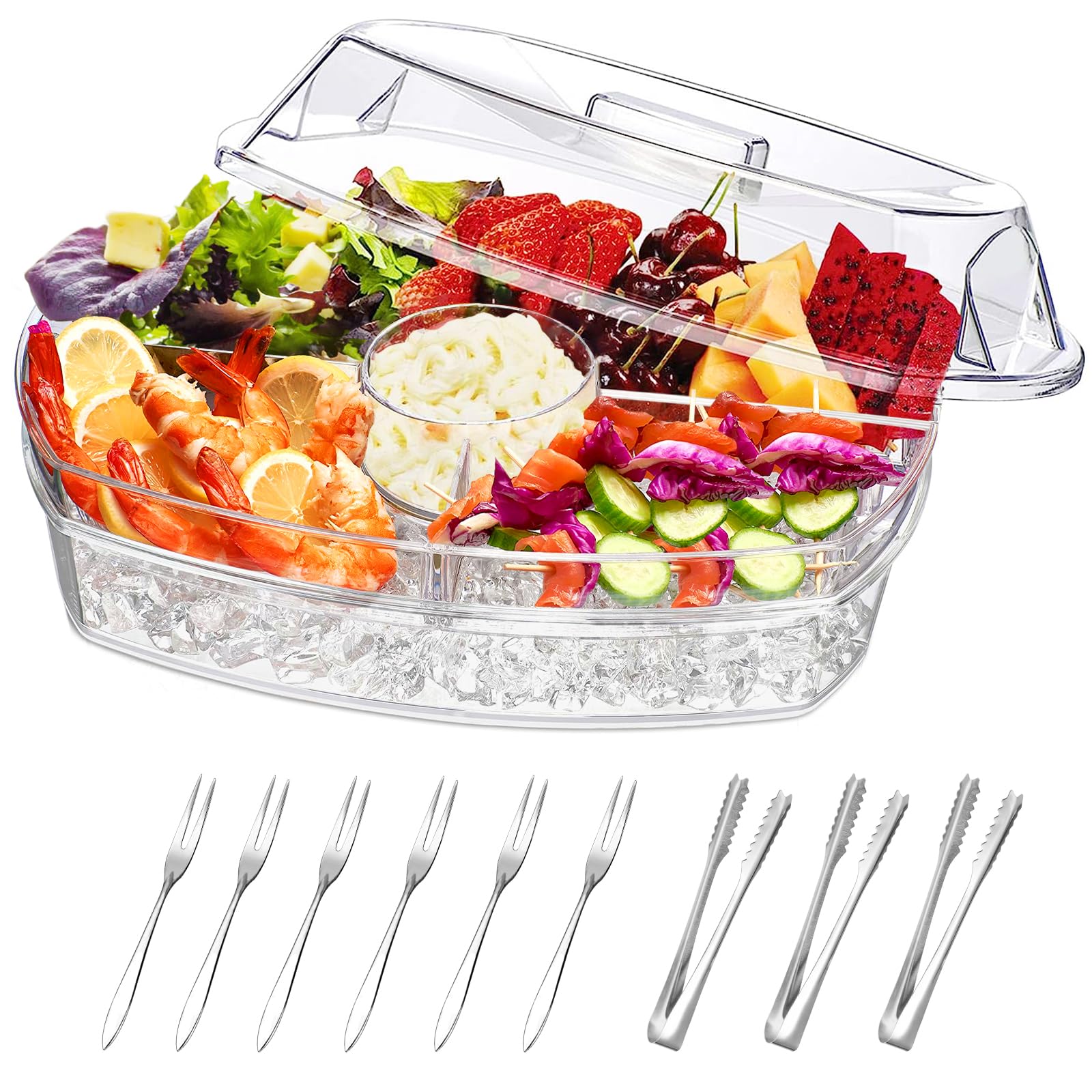 Platos y bandejas para servir refrigerados para entretenimiento, bandeja de verduras frías con tapa, platos y bandejas para servir hielo en frío, bandeja para aperitivos de frutas que mantiene la