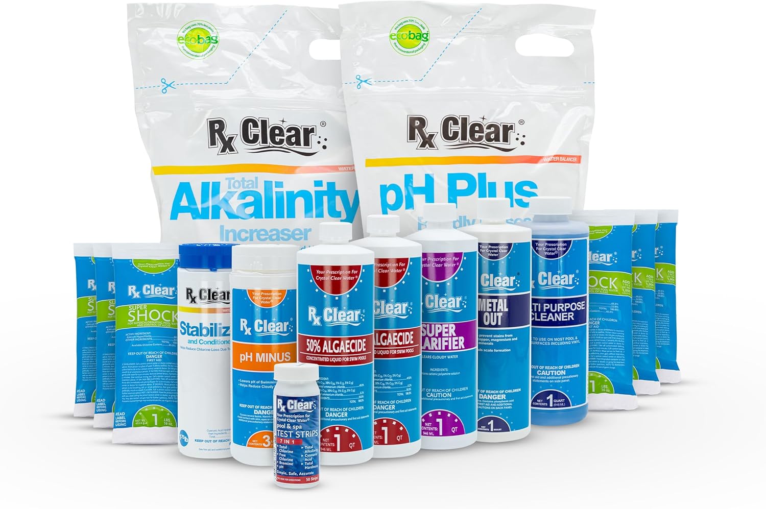 Rx Clear Deluxe Spring Chemical Opening Pool Cleaning Kit | for Swimming Pools Up to 7,500 Gallons | Includes Shock, Clarifier, pH Minus, Algaecide and More | Keep Your Pool Clean and Clear