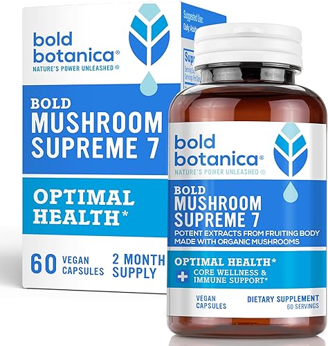 Bold Botanica Mushroom Supreme 7 - Suplemento de hongos - Extractos orgánicos de cola de pavo, chaga, phellinus, reishi, cordyceps, maitake,