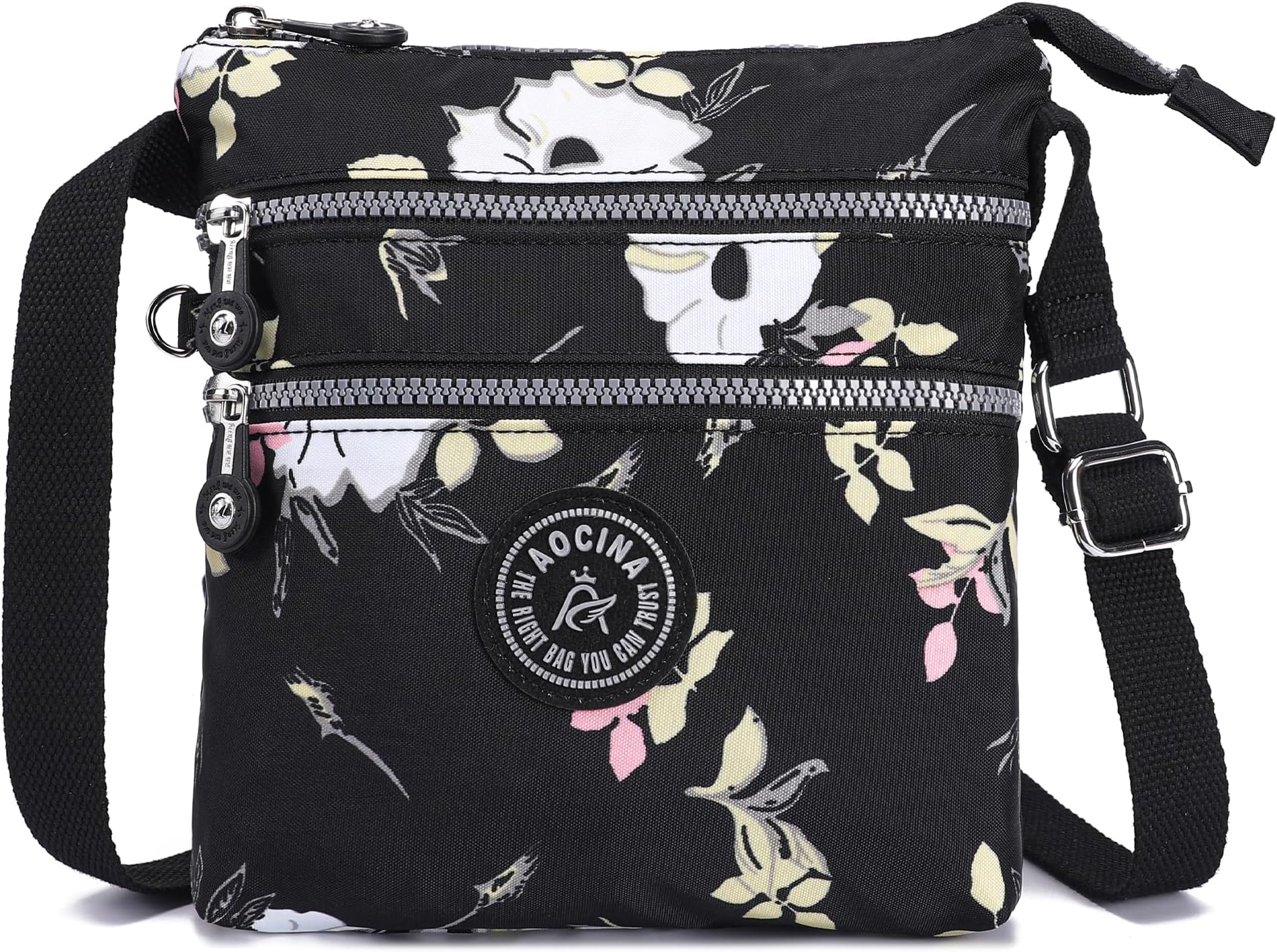 Lightweight Medium Multi-Pocket Crossbody Purse Bags for Women Travel Shoulder Bag (Black flower)