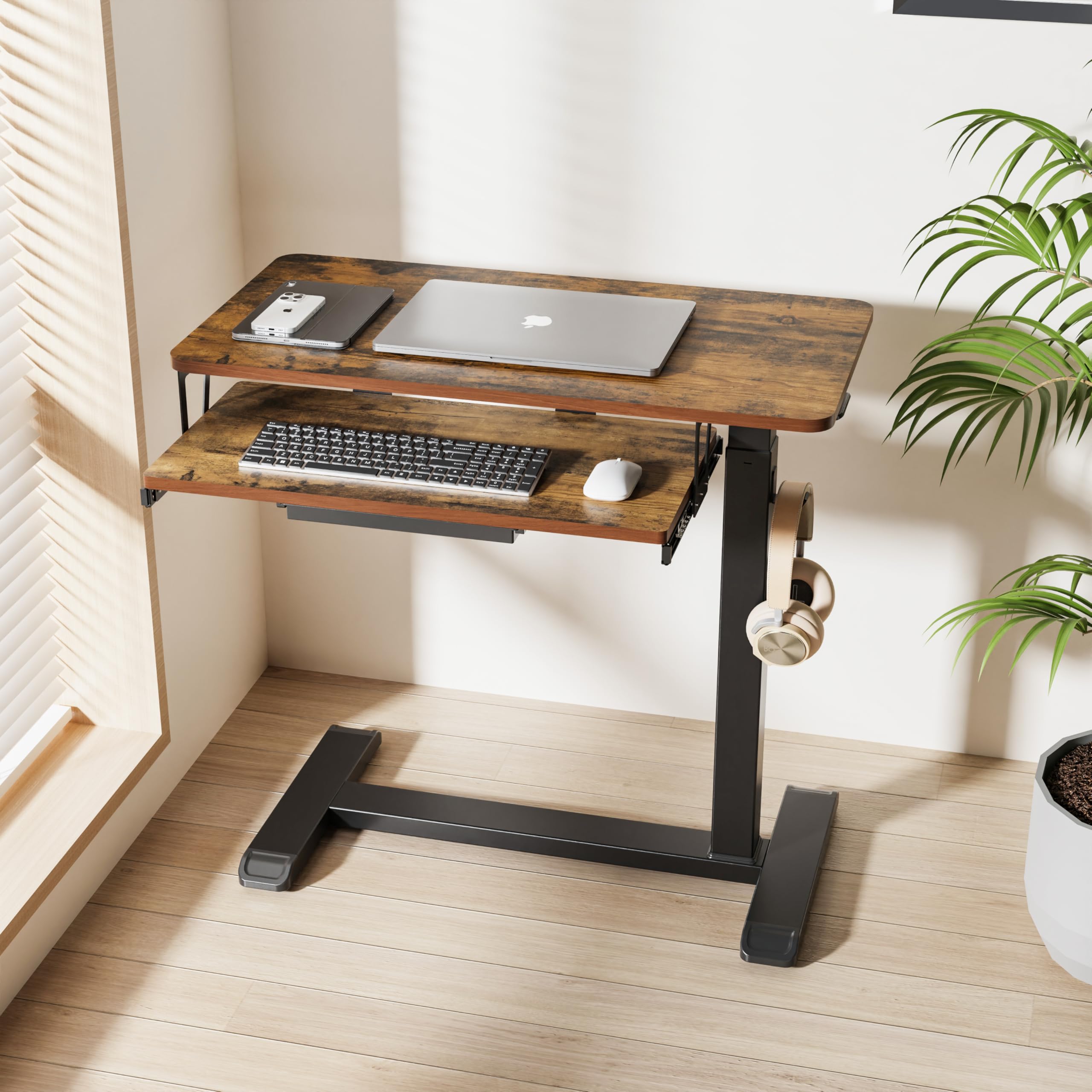 ETHU Station de Travail Informatique Mobile à Deux Niveaux 77×45 cm avec 4 roulettes, Support Ordinateur Portable sur Roues, Bureau Debout Réglable en Hauteur, Table d'Appoint pour Salon, Chambre