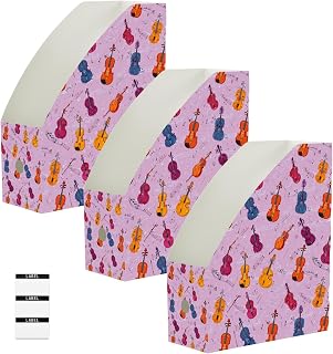 Violin Music Purples 3-Pack Decorative Magazine File Holder Foldable Desk Book Bins Binder Organizer with Blank Labels for Office Classroom Bookshelf Document Paper Storage