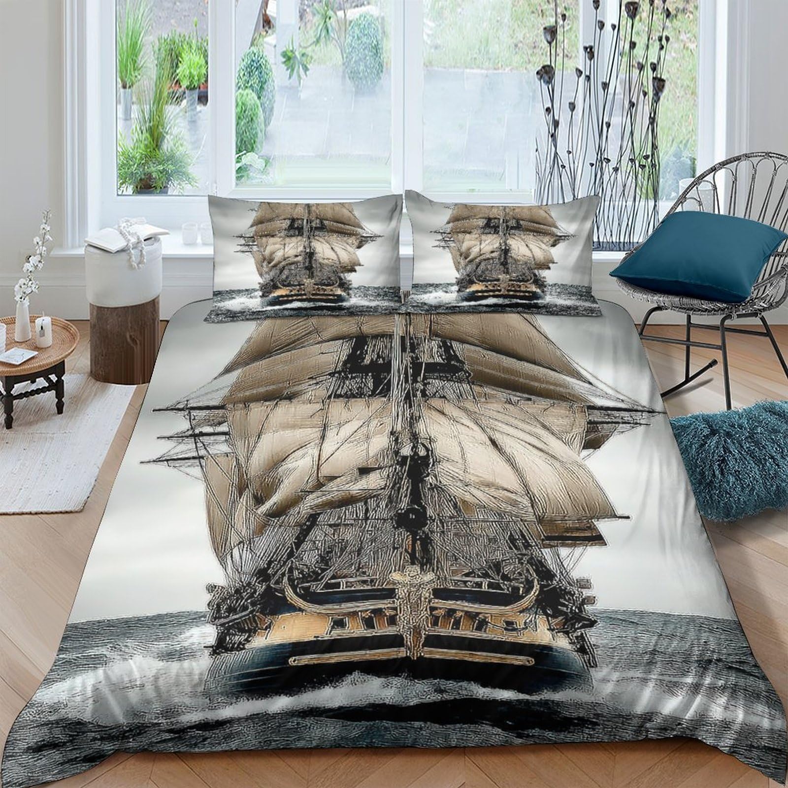 GPLZQXKJNH 3D Printed Vintage Sailing Ship Duvet Cover Microfiber Soft Breathable Nautical Bedding Set with 2 Pillowcases for Bedroom Decor Single（135x200cm）