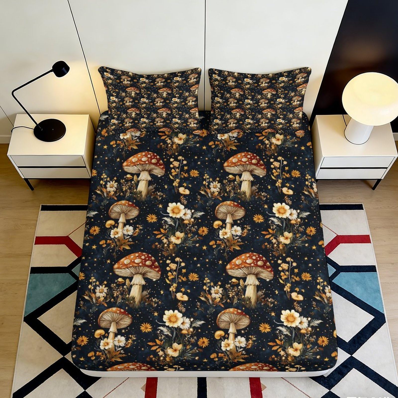 3D Printed Mushroom Floral Fitted Sheet Microfiber Soft Breathable Starry Night Bed Sheet for Bedroom Dormitory Guest Room Mattress Cover 120x200x25cm