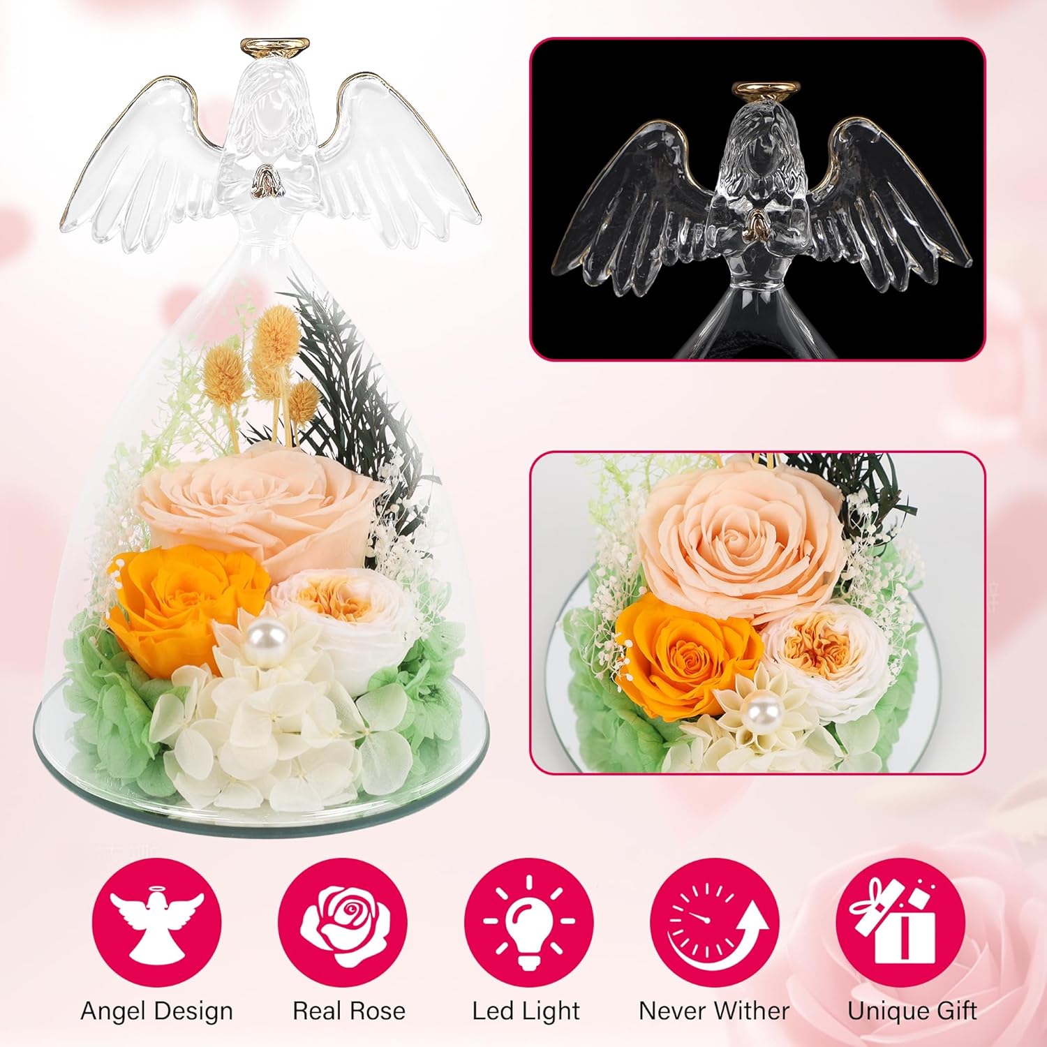 YOFIT Gifts for Women Mom-Preserved Roses in Glass Angel Figurine, Forever Fresh Flowers for Her Grandma, Gifts for Valentines Mother's Day Birthday (Champagne, Lights) - Image 4