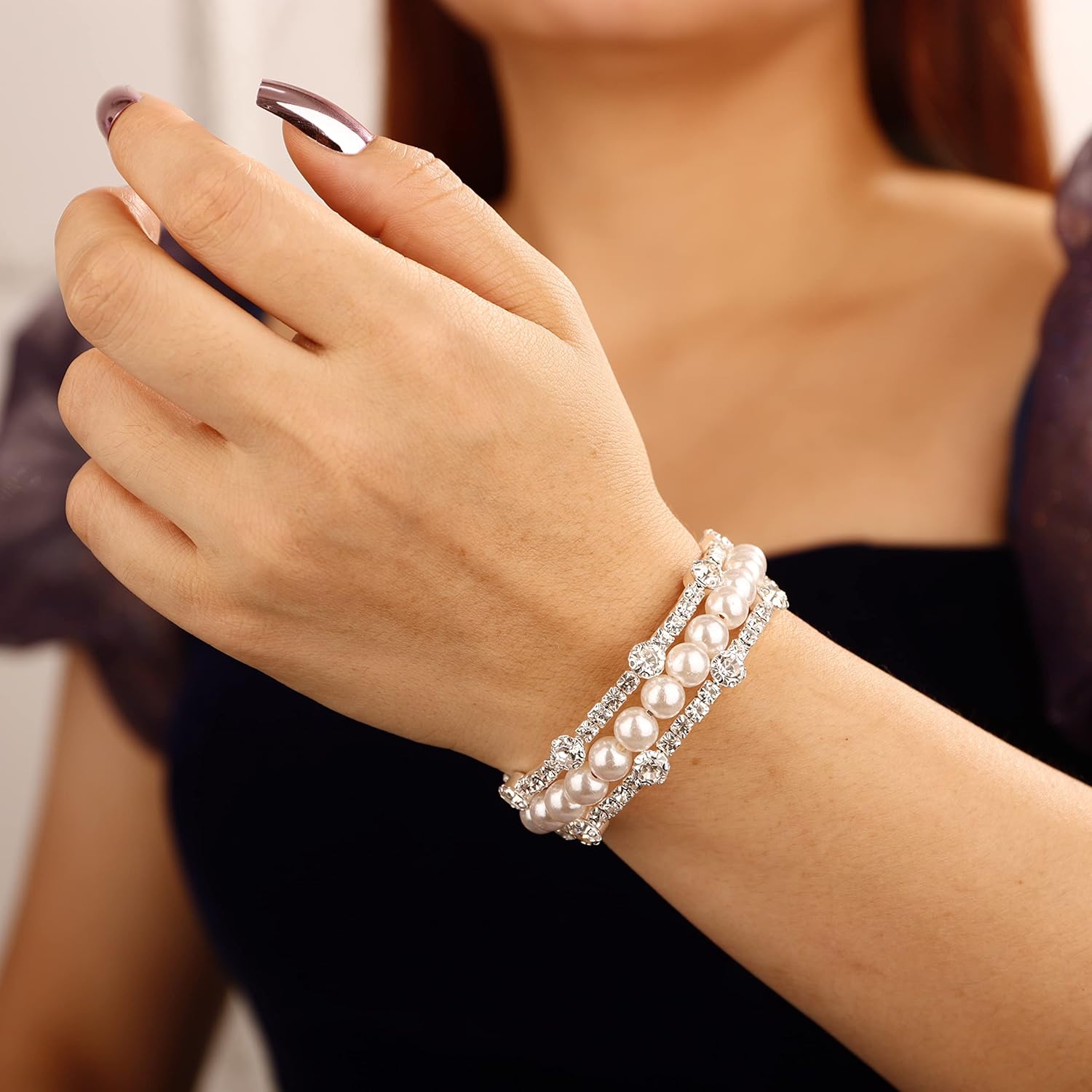 YERTTER Wedding Silver Pearl Rhinestone Multi Layered Stretch Wrap Bracelet 1920s Vintage Strand Layered Bracelet Gift for Women Brides - Image 2