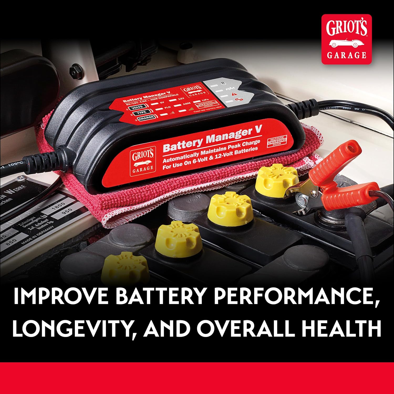 Griot's Garage Battery Manager V, Car Charger Maintainer for Trucks, RV's, Motorcycles, Boats and Generators, for Use on 6 or 12-Volt Batteries, 92232