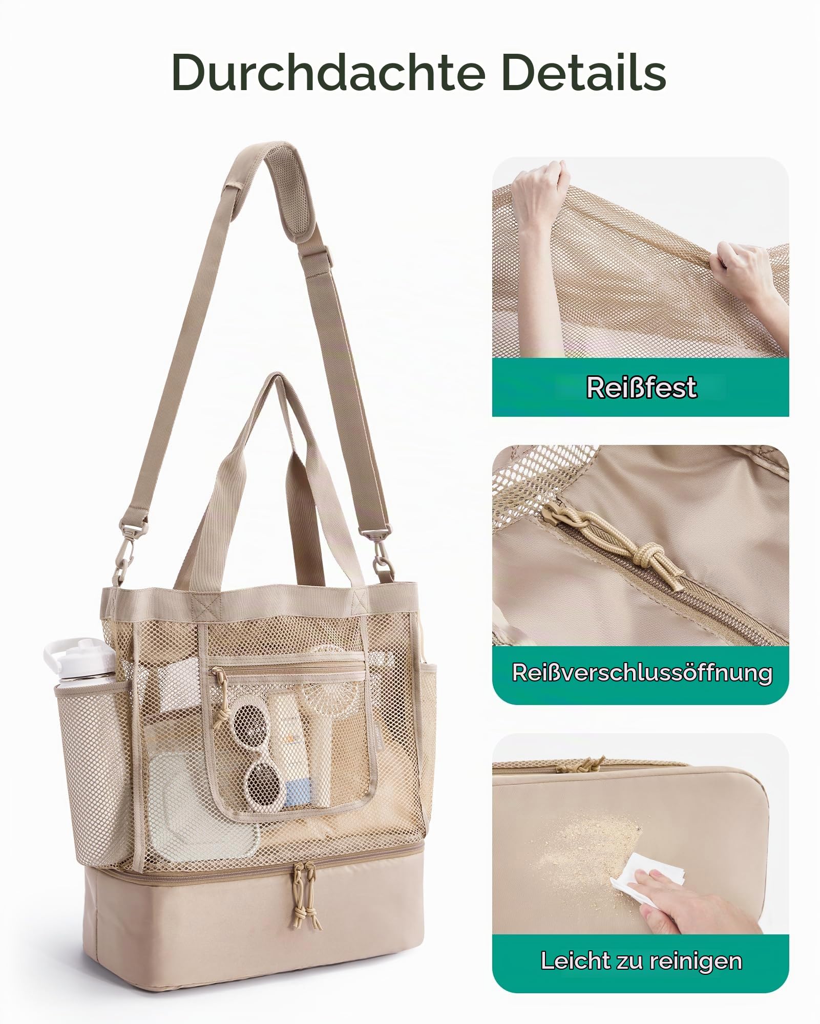 bagsmart Shopper Tasche Damen Strandtasche Groß, Netz Handtasche Beach Bag mit Kühlfach, Wasserdichter Urlaubstasche Badetasche mit Reißverschluss für Schwimmbad Kreuzfahrt Shopping