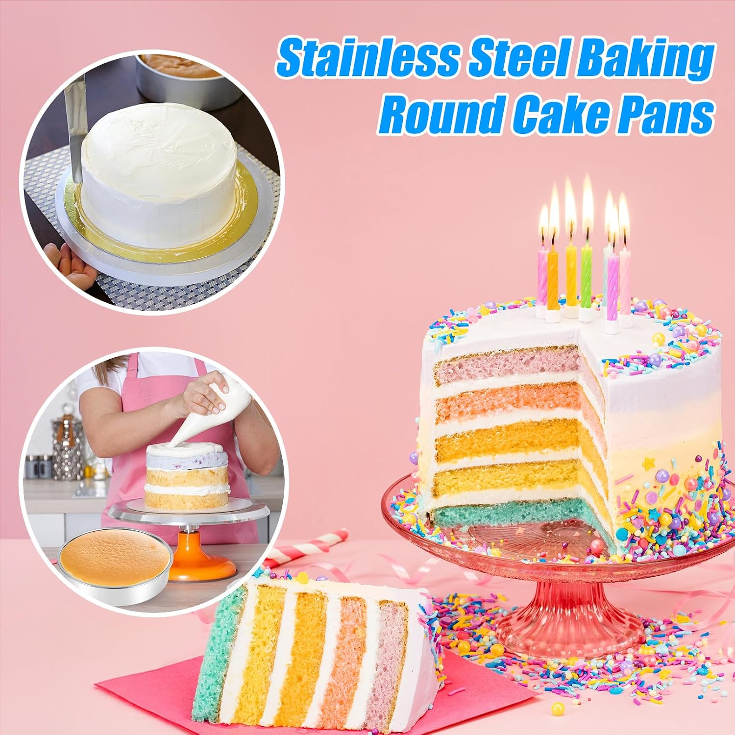 9½ Inch Cake Pan Set of 4, Stainless Steel Cake Pans Round, Baking Bakeware with Mirror Finish, Oven Safe Dishwasher Safe
