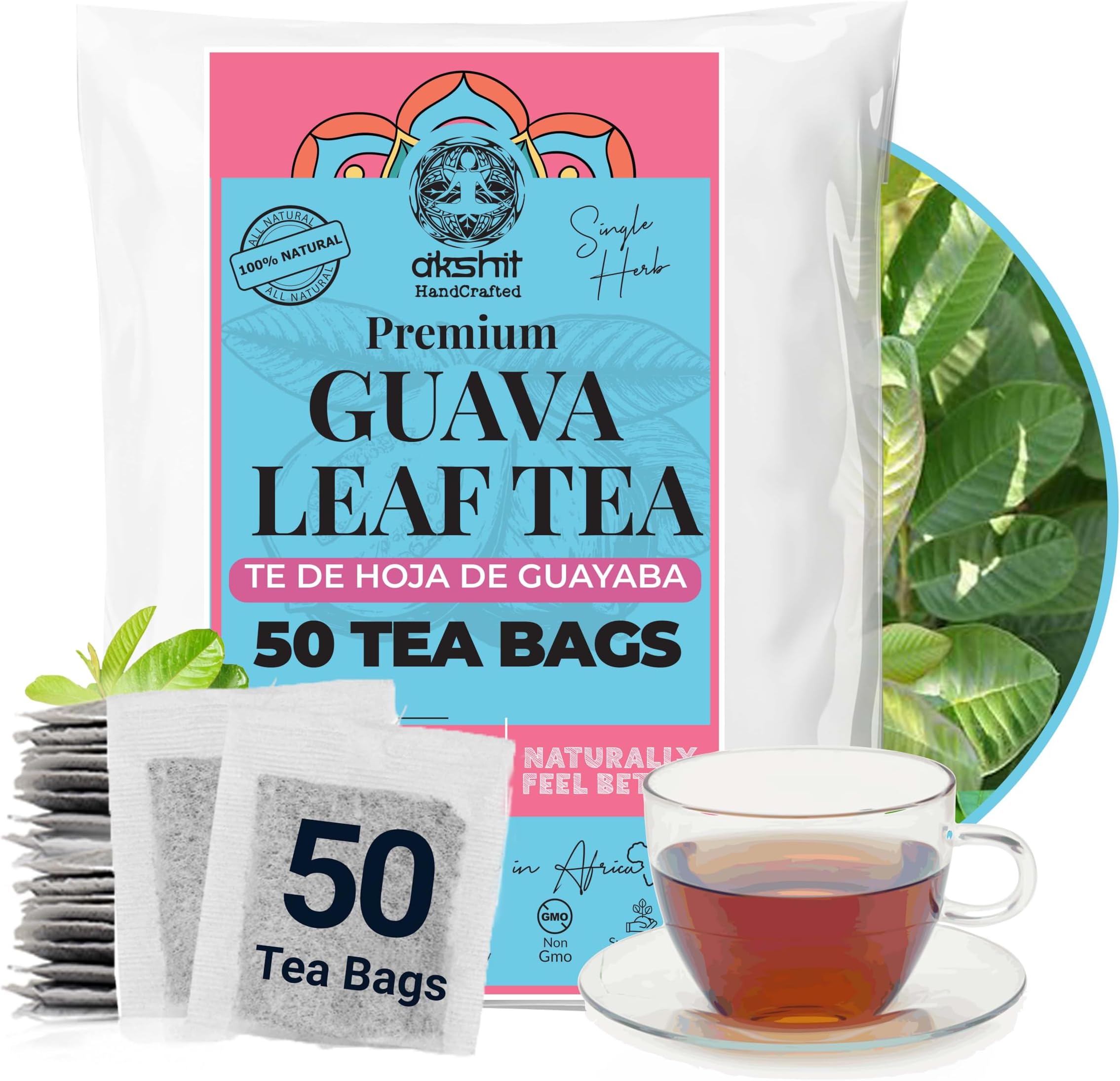 - Premium 50 Guava Leaf Tea Bags, 100% Natural Guava Leaves, Herbal Tea, Te De Hojas de Guayaba, No Additives & Caffeine Free- by Akshit
