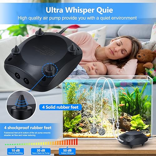 Miniatura 6 de Bomba de aire para acuario con dos salidas, bomba aireadora de oxígeno silenciosa ajustable, burbujeador de pecera con kit de accesorios para