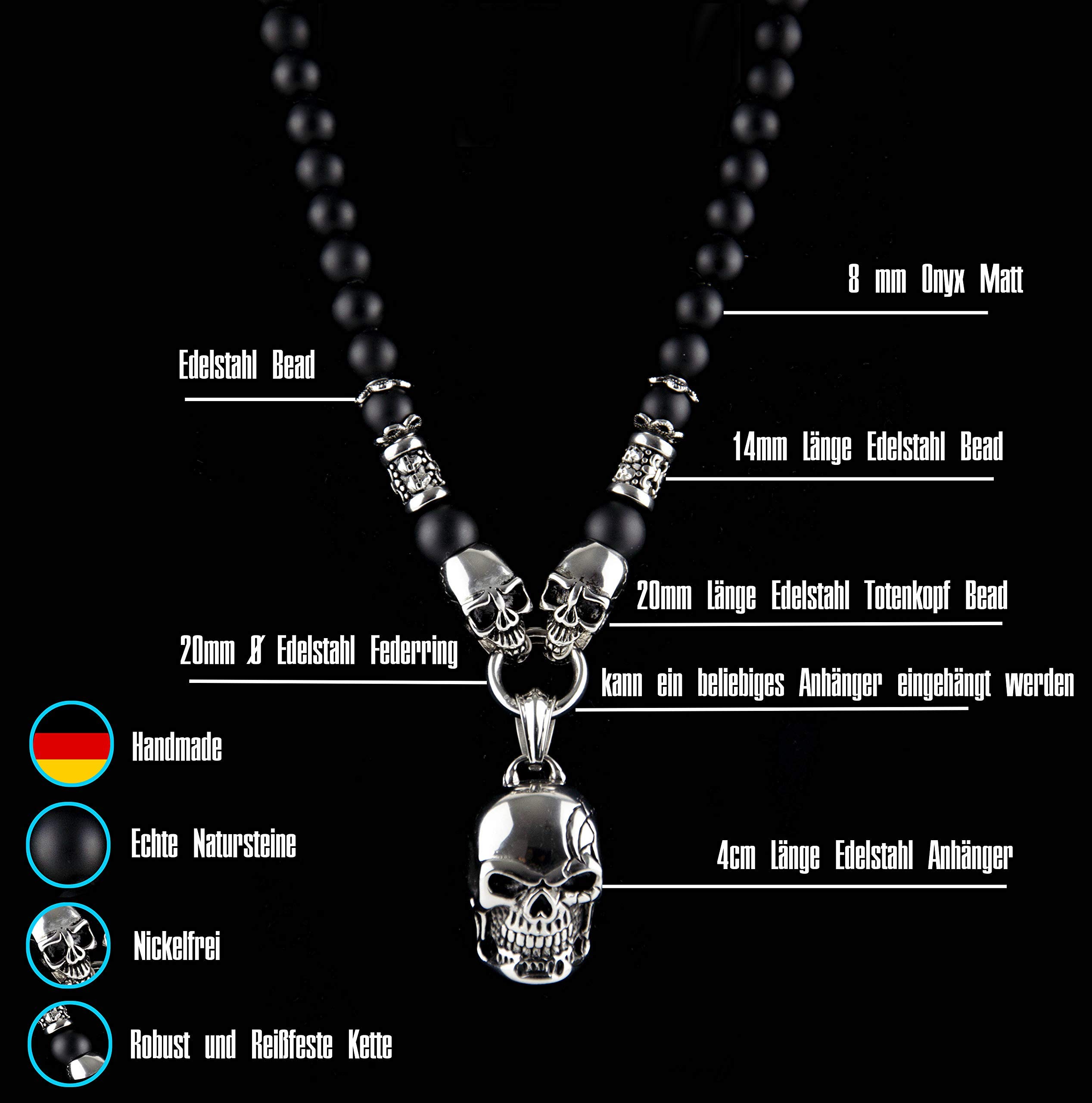 Herren Männer Hals Perlenkette aus Onyx mit Totenkopf Edelstahl Beads Anhänger Biker Handmade Geschenke