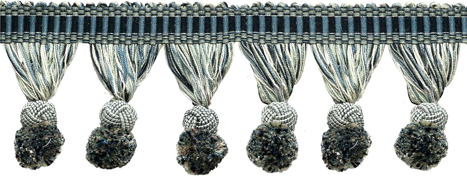 DÉCOPRO 3" Long (7.5cm) Marrakesh Collection Pompom Tassel Fringe Trim with Fancy Woven Gimp Header (PPFRW) Anchor Grey Multicolor #VL10 (Light Grey Slate Blue Pure Black) 3 Yards (9 ft/2.5m)