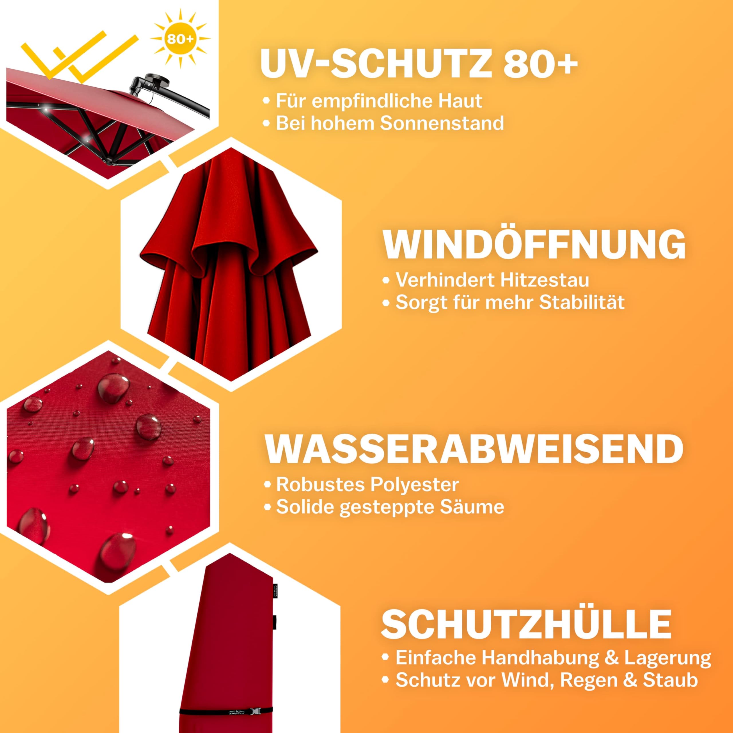 Kingsleeve® Ampelschirm LED Beleuchtung UV Schutz 80+ Solar Ständer Schutzhülle Windsicherung 300cm Groß Kurbel Balkon Terrasse Garten Sonnenschirm Rot