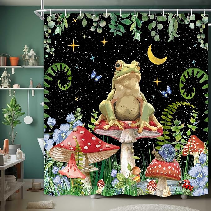 JAWO Mushroom Shower Curtain, Boho Moon Stars Aesthetic Floral Shower Curtains, Funny Frog Cottagecore Decor Kids Children Bathroom Accessories Set with Hooks, 69 x 70 Inches Black