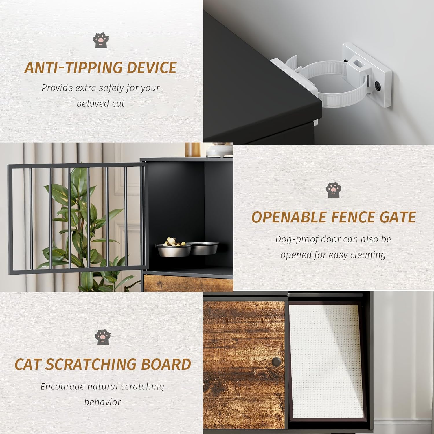 Cat Feeding Station, Dog Proof Cat Feeding Station with Scratching Board, Elevated Food Bowls with Stand, Pet Food Storage with 2 Stainless Steel Bowls, Large Pet House