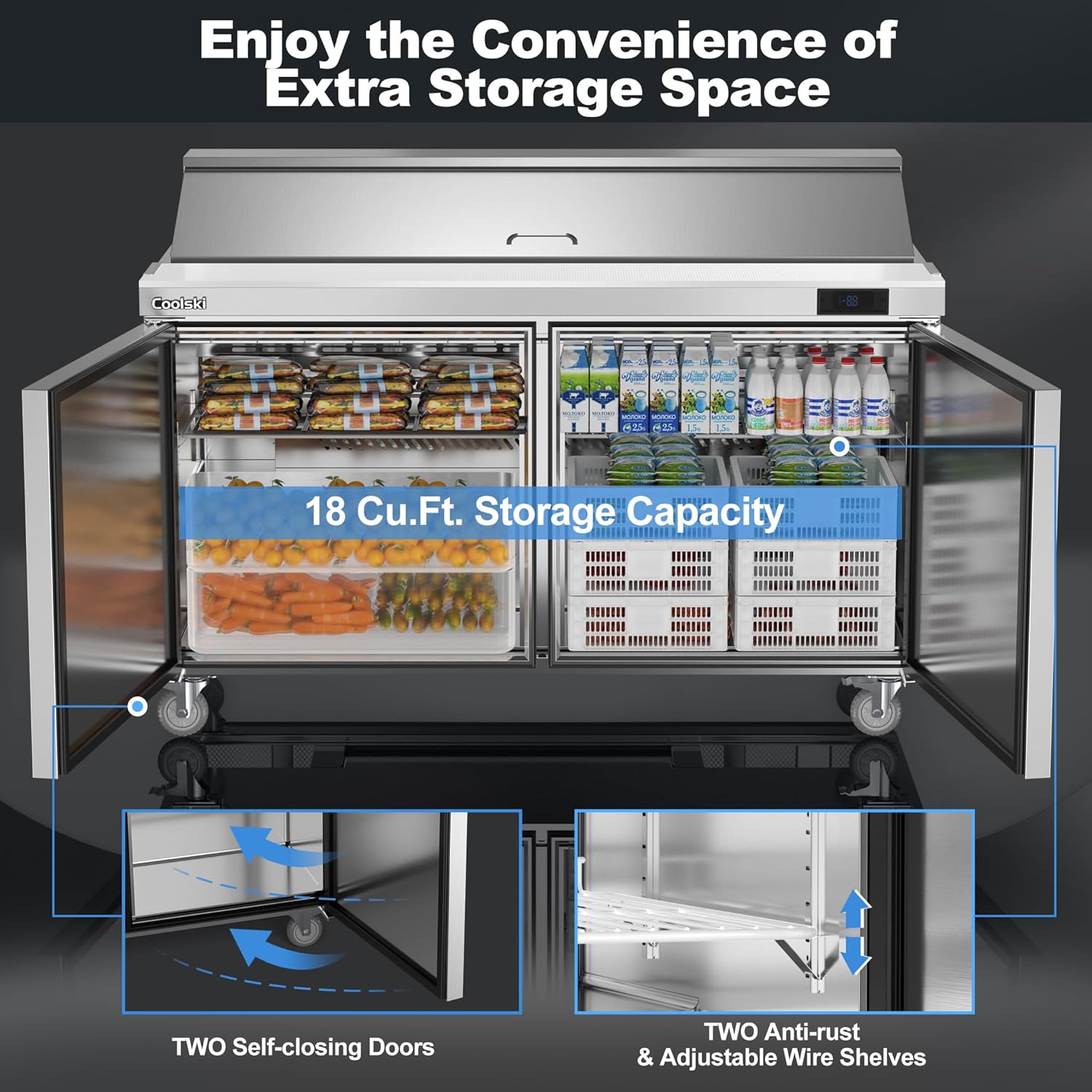 Open doors of the Coolski SR-60 revealing extra storage space and adjustable shelves