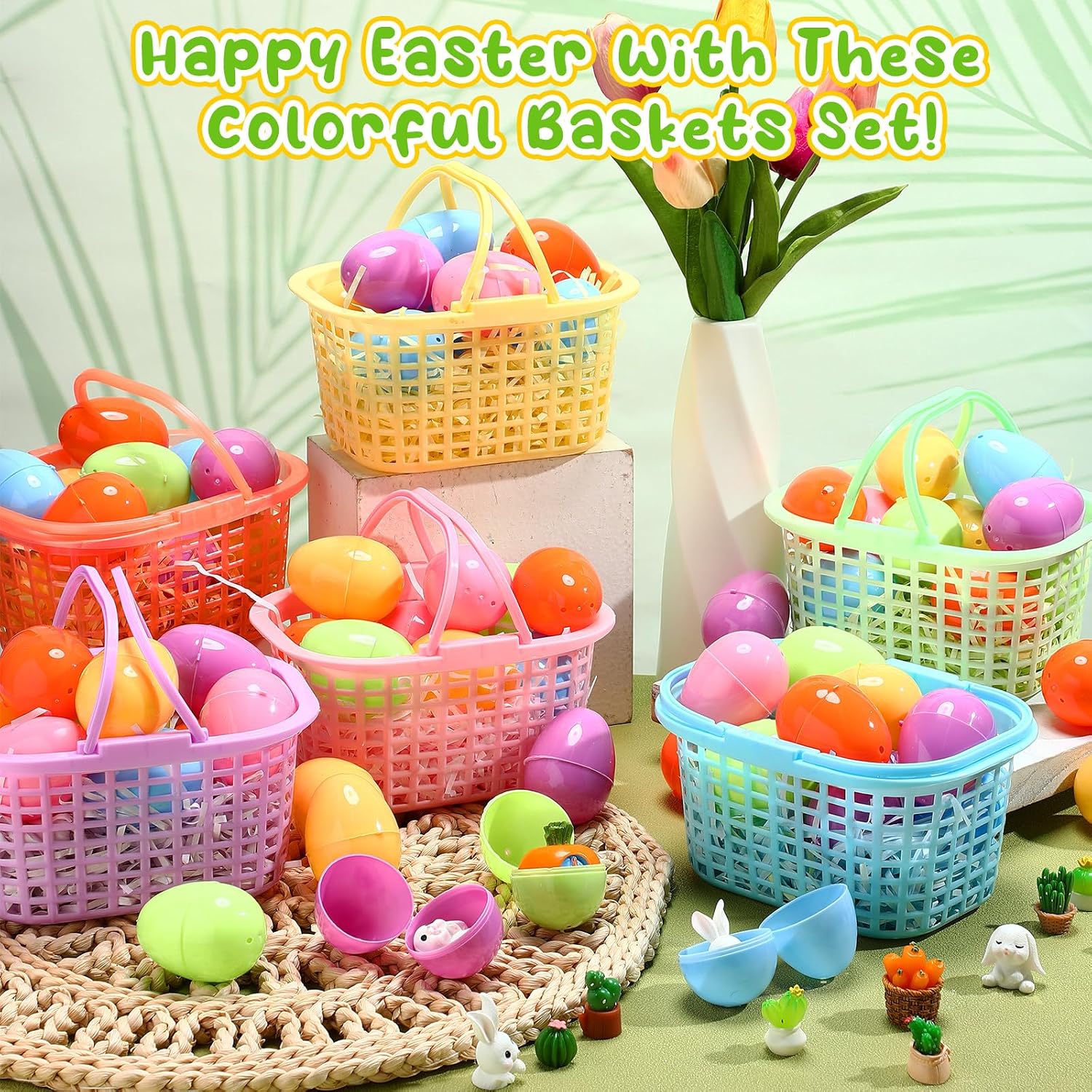 Weysat 108 Pack Plastic Small Easter Baskets Bulk for Adult 12 Pastel Plastic Mini Baskets 96 Easter Eggs Hunt Kit Empty and 60g Grass Filling Small Colorful Buckets with Handles for Spring Gift Decor image 5