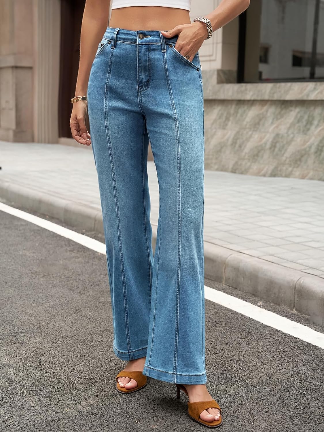 Cicy Bell Womens Wide Leg Jeans High Waisted Baggy Stretchy Front Seam Denim Pants with Pockets - Image 3