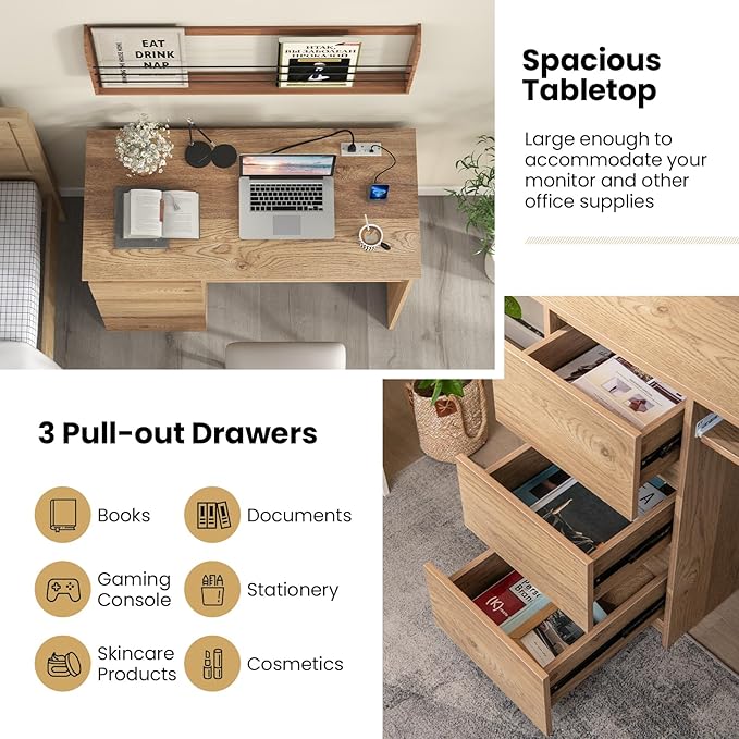 Escritorio con 3 Cajones y Estación de Carga, 106x49 cm, Nat miniatura 7