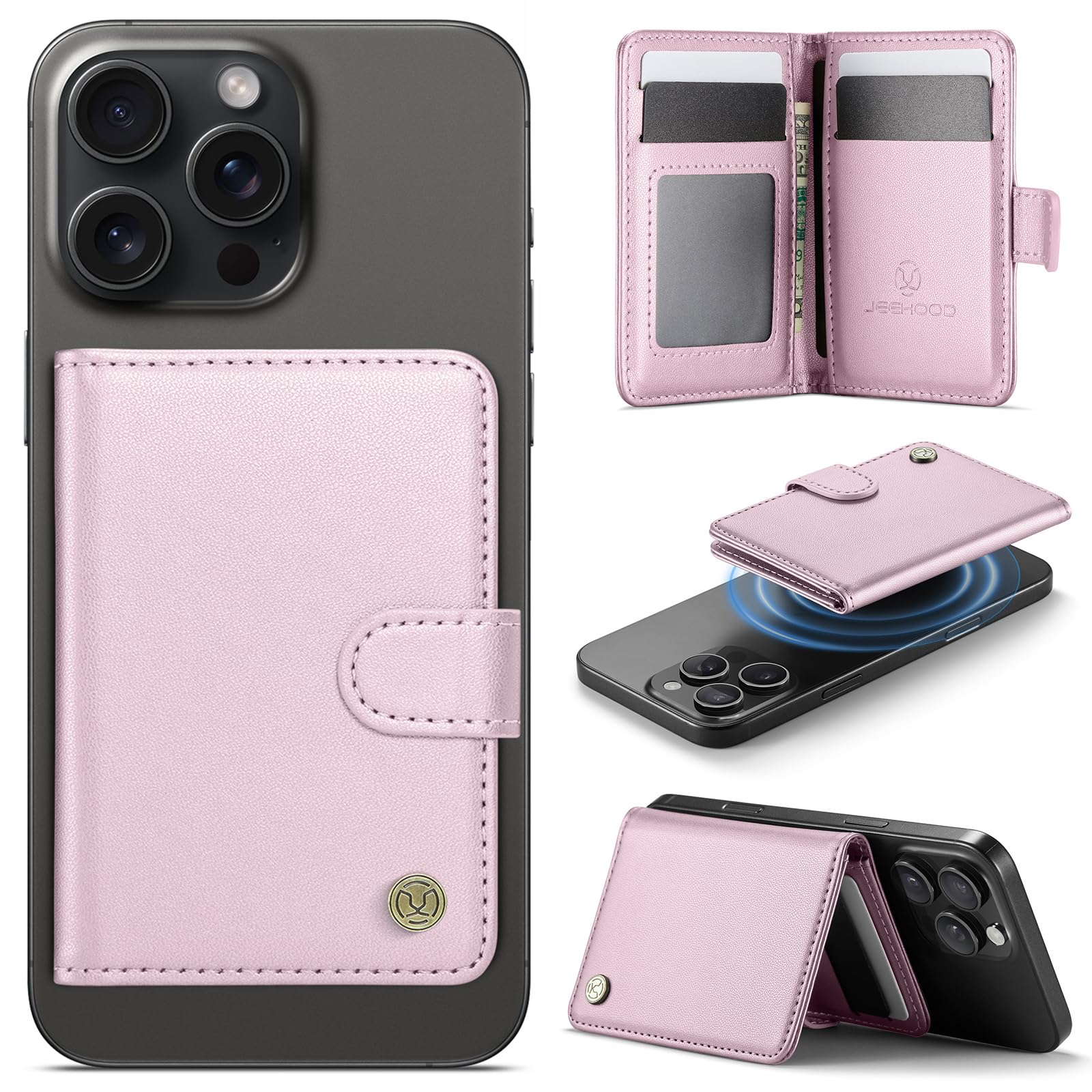 Portafoglio per Magsafe, Porta Carte Cellulare Magnetico, Pelle Wallet con Supporto Porta Carte Portafoglio Magnetico Portafoglio Per iPhone Serie 17/16/15/14/13/12, Funzioni della Staffa - Rosa