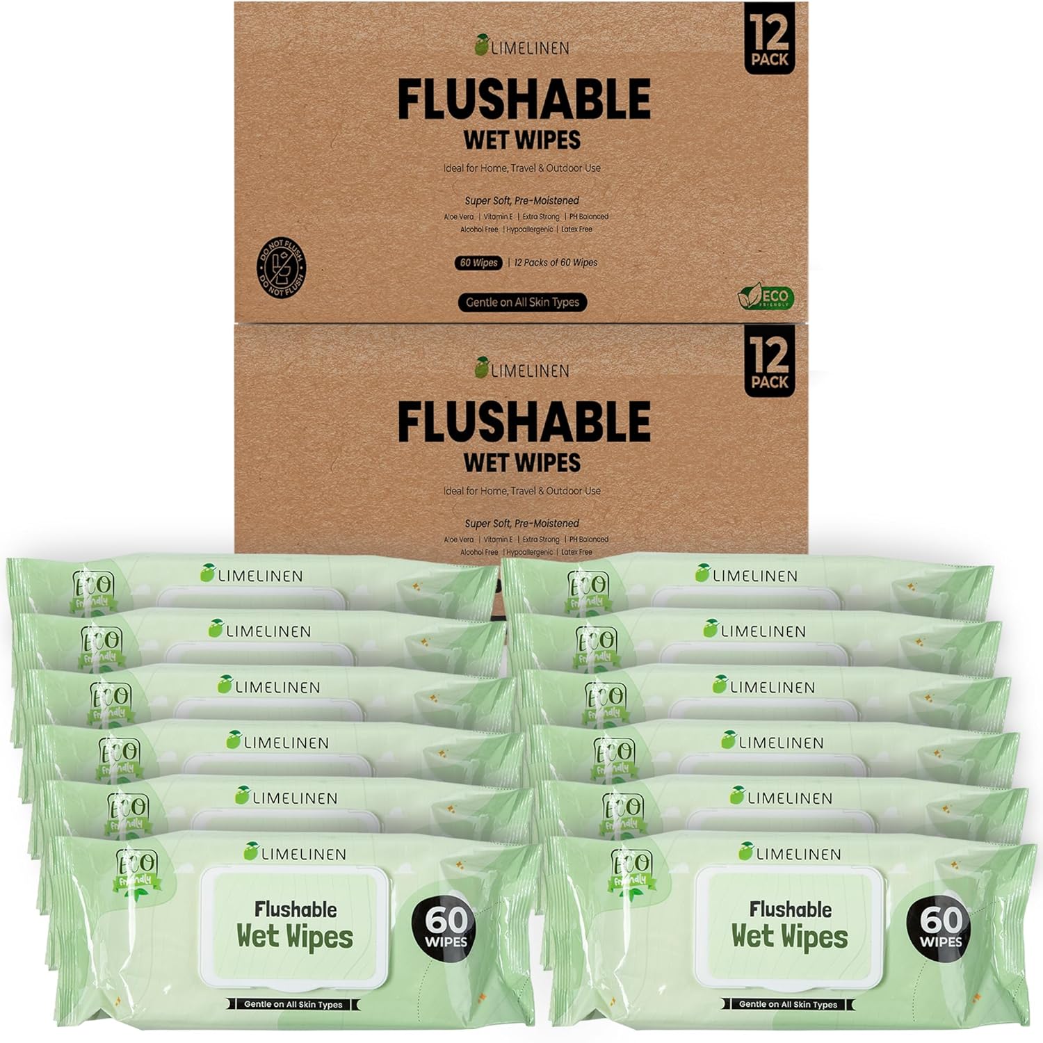 LimeLinen Flushable Wipes 100% Plant-Based, Alcohol-Free, Hypoallergenic, pH-Balanced | Flushable & Septic-Safe, Resealable 60-Count Value Pack (12-Pack 720 Wipes)