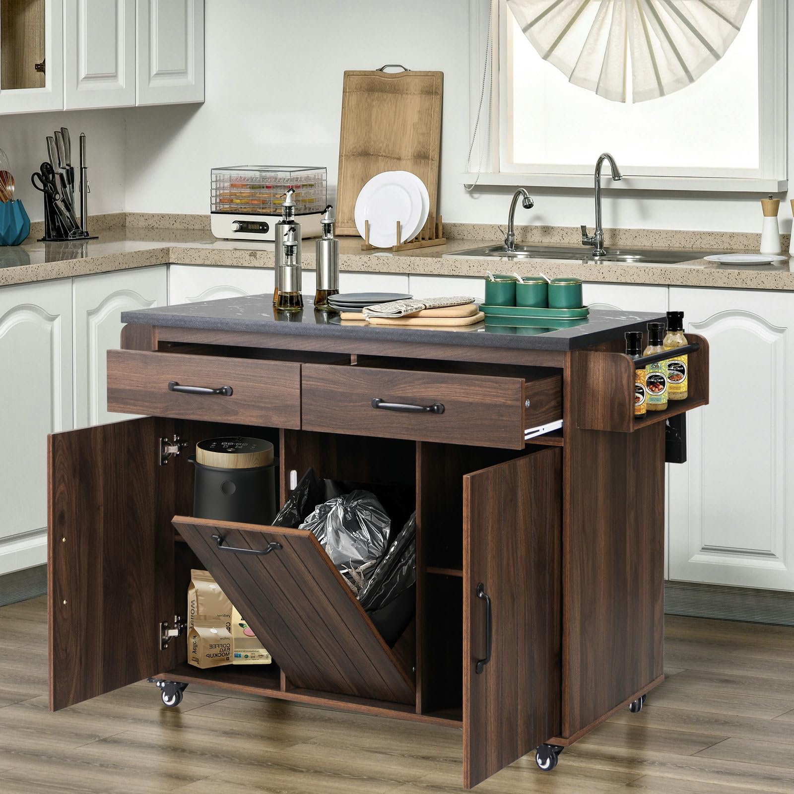 Amazon.com: LUMISOL Kitchen Cart with Trash Can Storage Cabinet