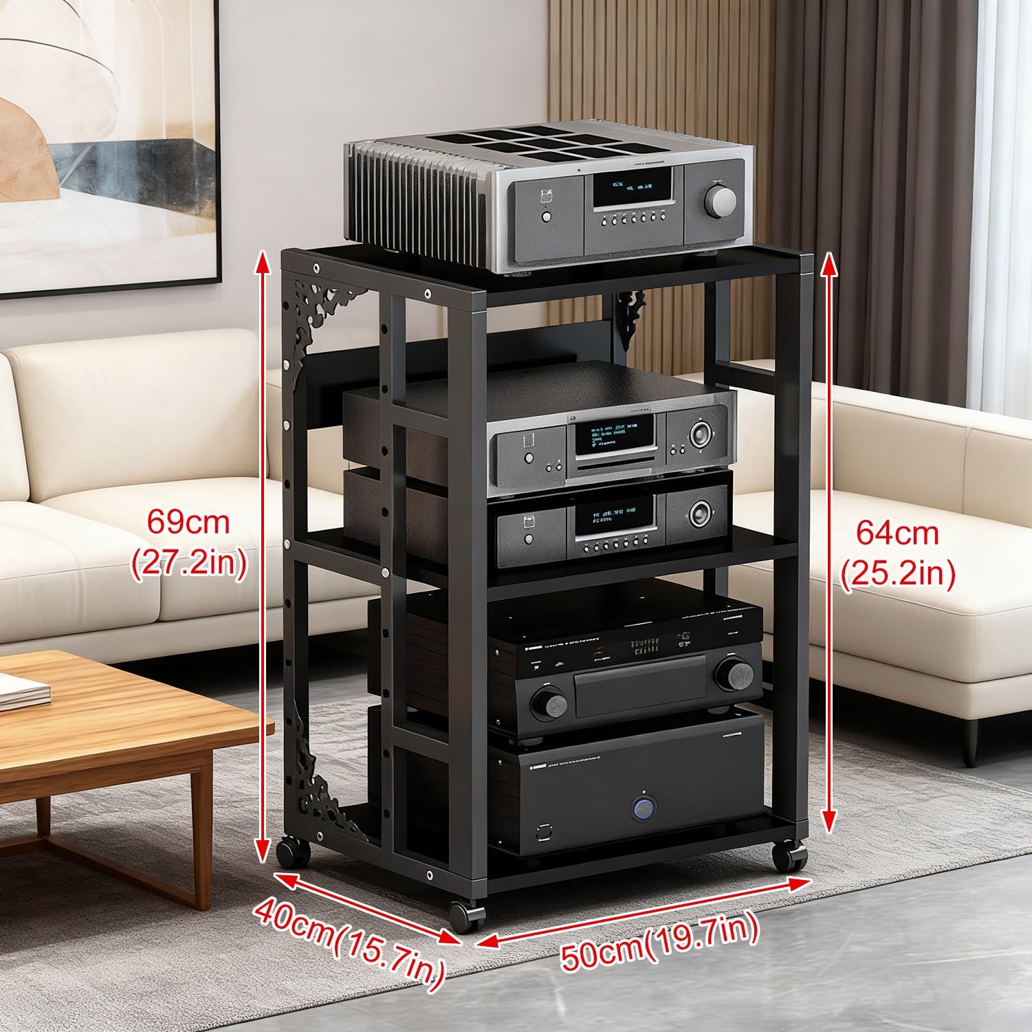 Stojak na sprzęt HiFi/drukarkę 2/3-poziomowy, drewniana szafka na media, półka AV, wielofunkcyjny stojak na sprzęt audio z regulacją wysokości do domu/biura/kina (biały, 50 x 40 x 69 cm - C) (cza