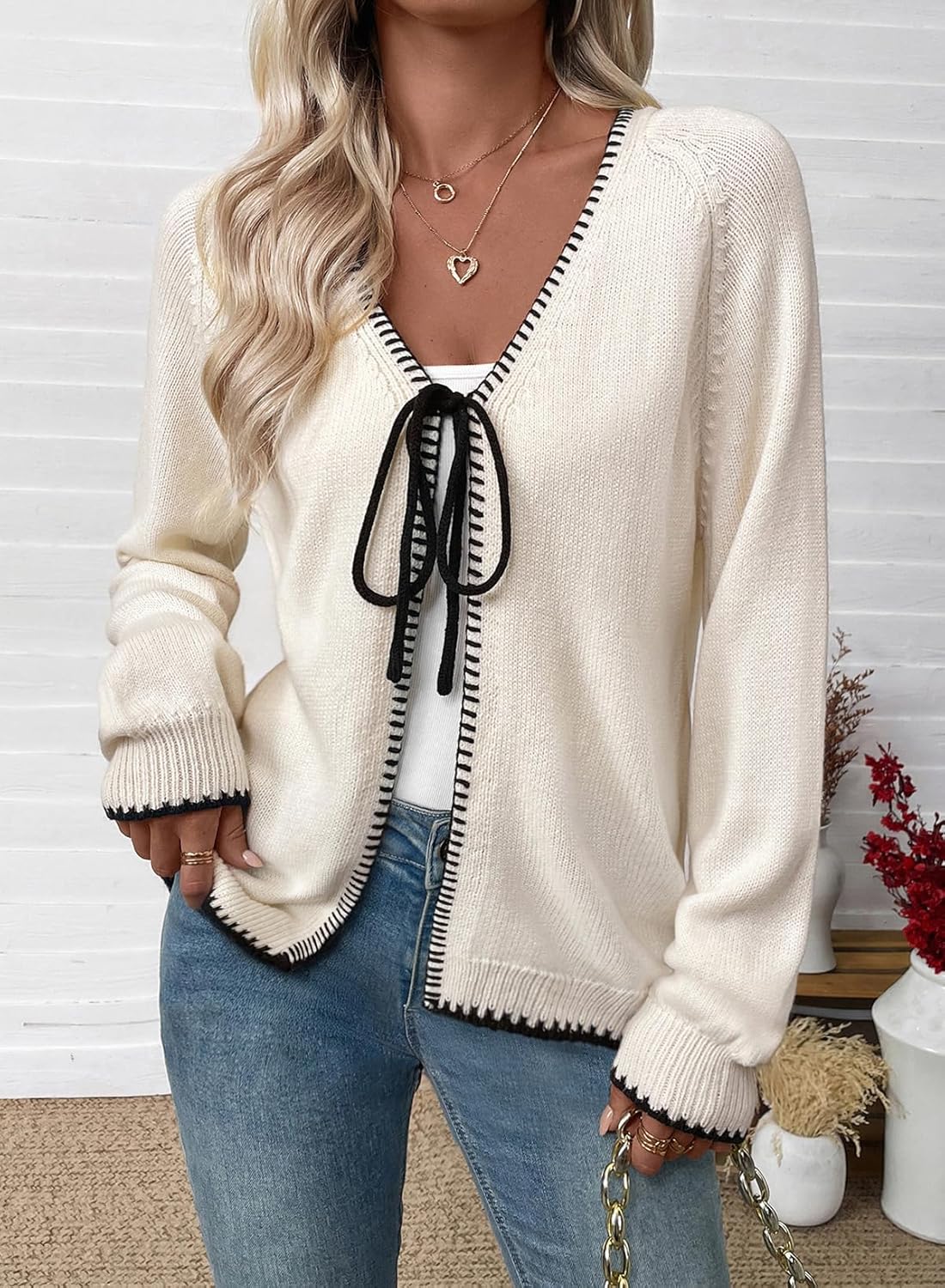 EVALESS Womens Cardigan Sweaters Trendy V Neck Long Sleeve Open Front Bow Tie Knit Chunky Lightweight Fall Outerwear - Image 2
