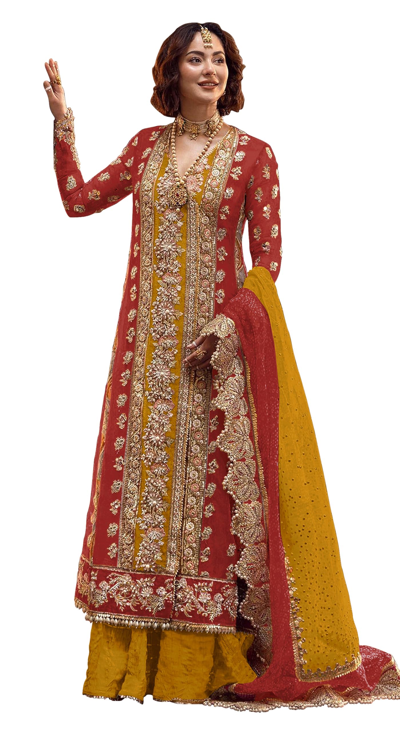 Women's Traditional Organza Embroidered Semi Stitched Anarkali Suit Set With Embroidered Dupatta
