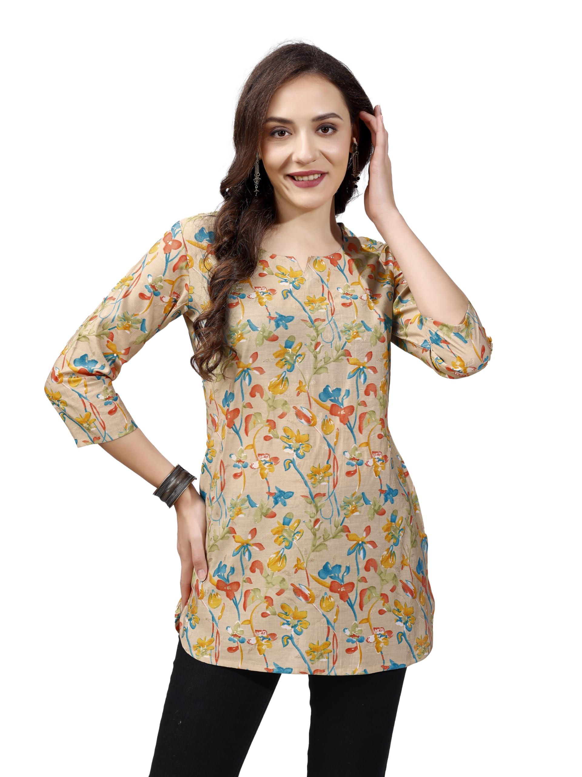 Shienzy Women's Rayon Floral Regular Kurta Top (Shz1447_Beige_L)