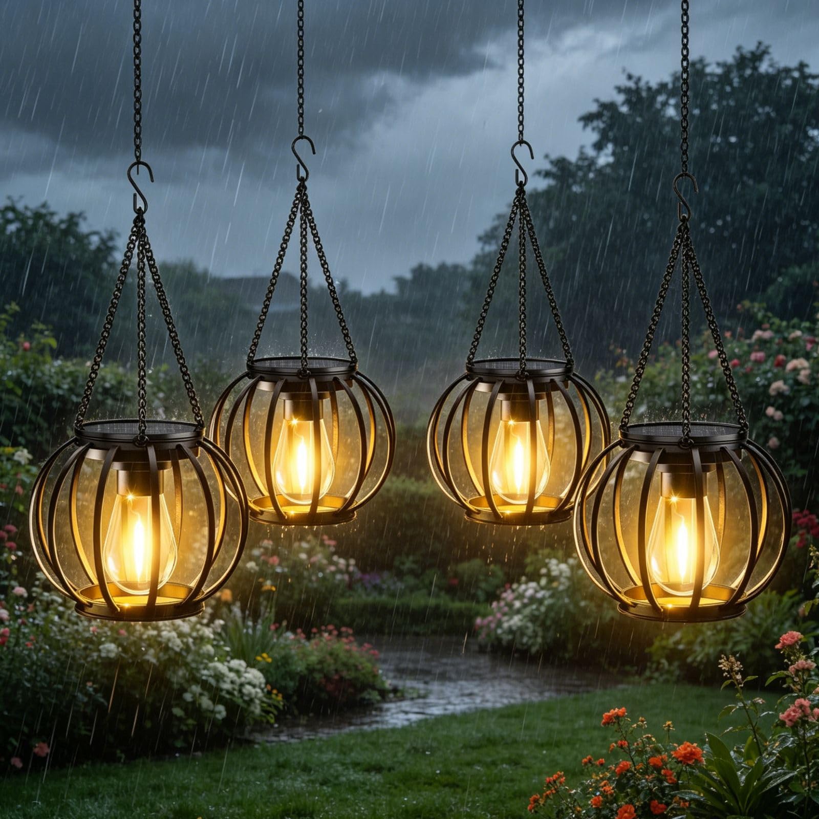 Solarlampen für Außen Hängend, 2026 Neue 4 Metall Solar Laternen für Draußen mit Größer LED-Glühbirne, IP65 Wasserdicht Solarleuchten Gartendeko mit Haken und Kette für Terrasse Rasen Balkon Hof