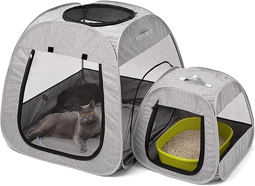 Tenrai Corralito portátil para gatos, diseño trapezoidal para mejor posición, tienda de campaña plegable para mascotas para uso en interiores y