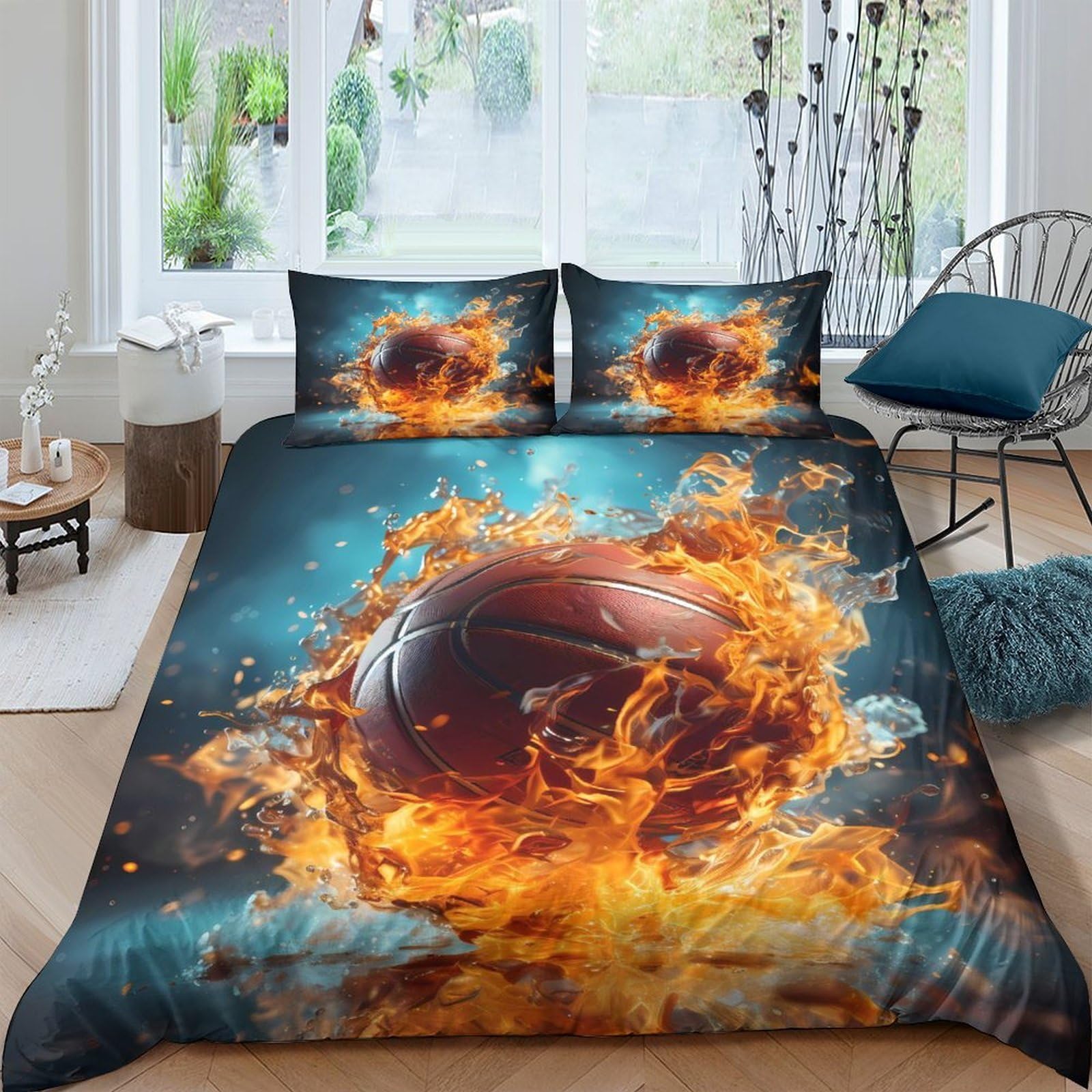 TUFRTGYHN 3D Printed Fire Basketball Duvet Cover Microfiber Soft Breathable Water Splash Bedding Set with 2 Pillowcases for Bedroom Decor Single（135x200cm）