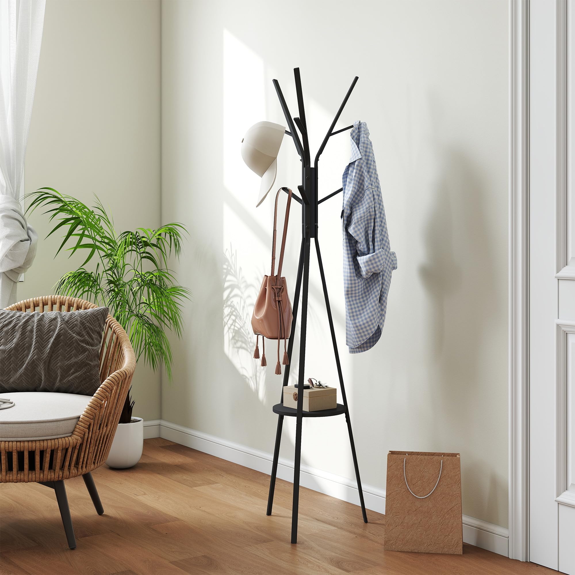 HOMCOM Garderobenständer Kleiderständer mit Ablage und 8 Haken Jackenständer Moderner Garderobe für Kleidung Hut Tasche, Wohnzimmer, Schwarz