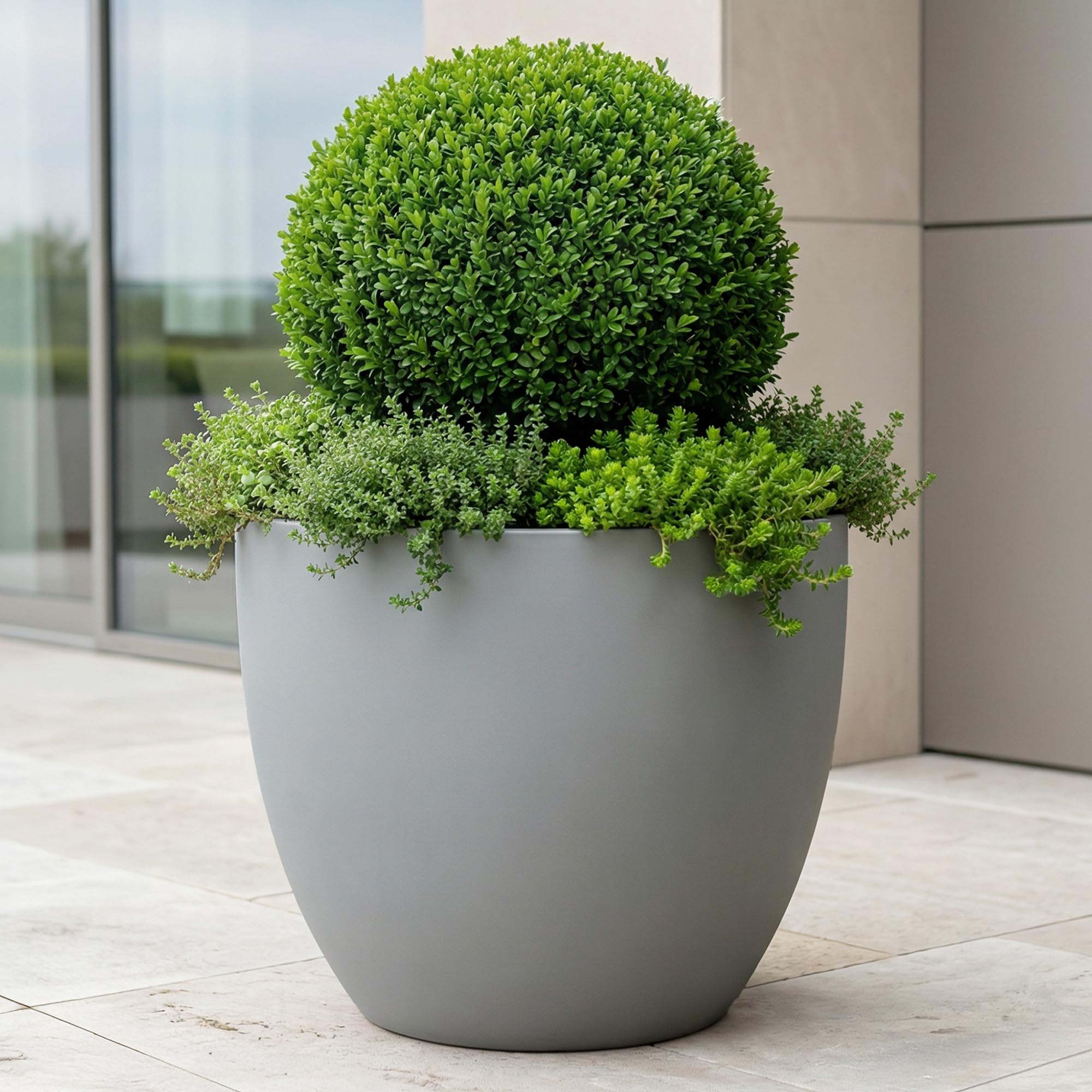 IDEALIST 40cm Planter | Grey Reinforced Stone Egg Flower Pot for Trees | Garden Planters with Drainage Holes W40 H36 cm, with Inner Top D36 cm, 45 litres