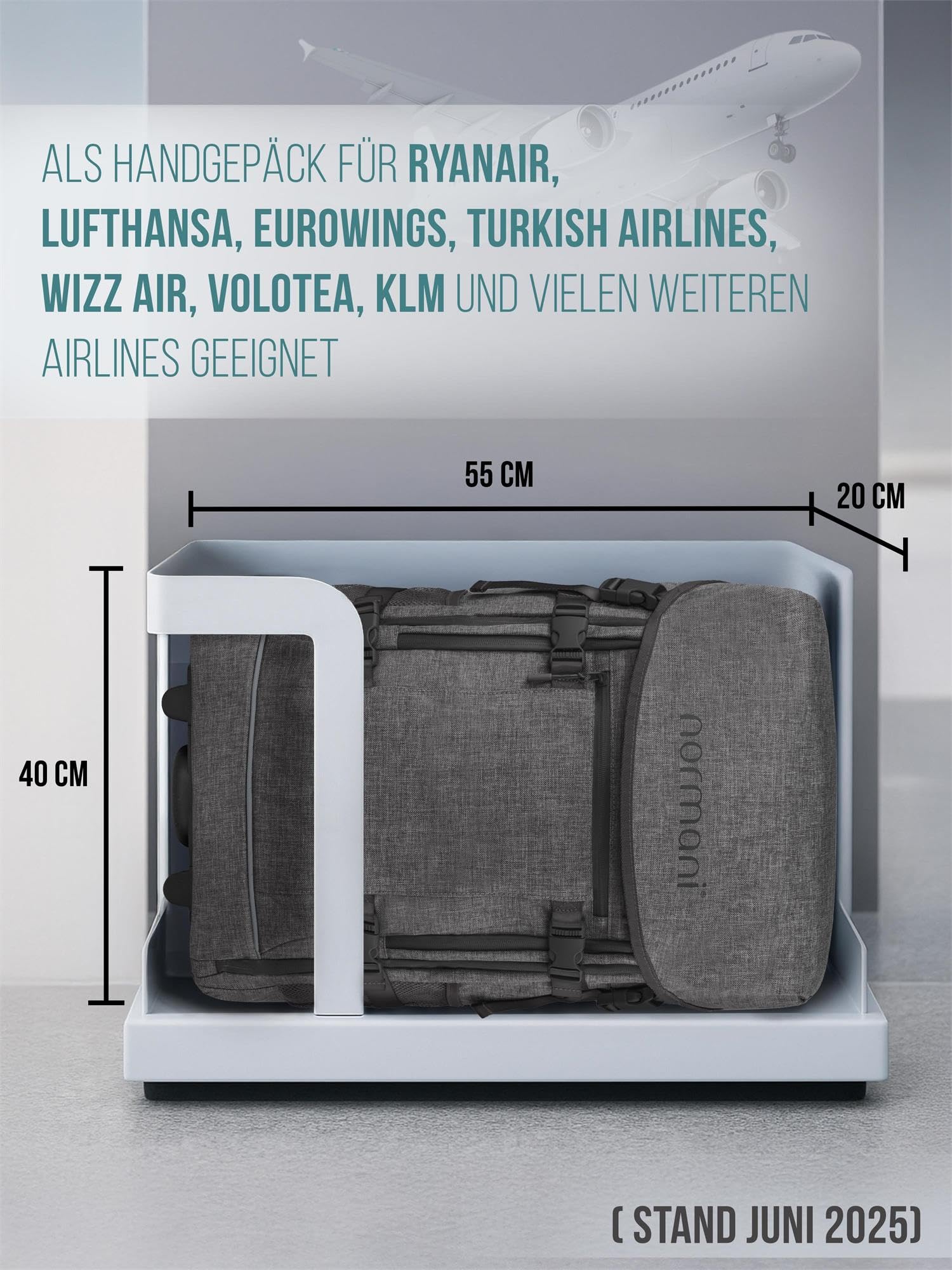 normani Backpacker Reisetaschen-Rucksack Reiserucksack mit Trolleyfunktion mit Frontloader und Handgepäck-maßen 50x37x20 cm - Cabin Bag 37 L Volumen auf 3 Fächer Farbe Grau Größe 50 x 37 x 20 cm
