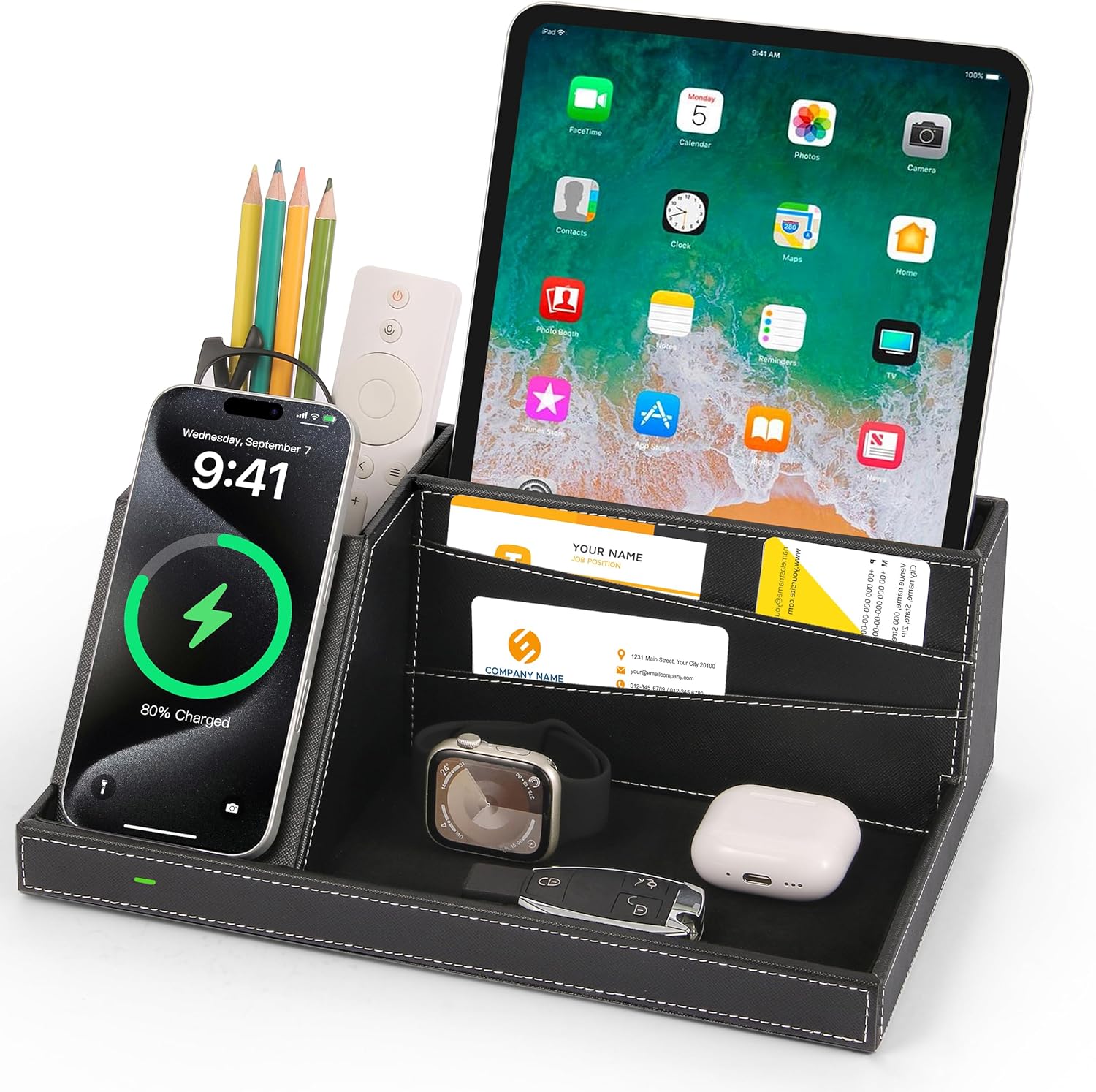 (SIMILAR TO STOCK PHOTO) FATHERS DAY TO MY DAD Fast Wireless Charging Station with Desk Organizer for iPhone 17/16/15/15 Pro/14/14 Pro Max/14 Pro/14 Plus/13/13 Pro Max/13 Pro/and iPhone 12/11 Series, Nightstand Desktop Organizer for Home Office Black