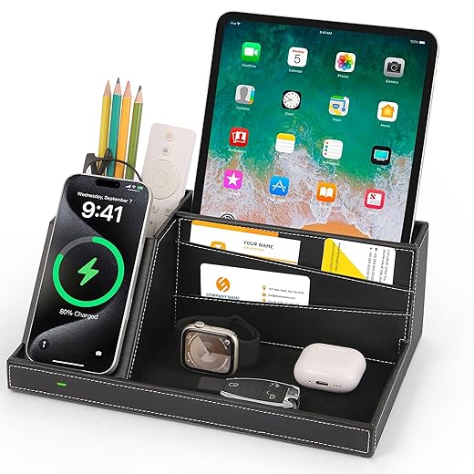Fast Wireless Charging Station with Desk Organizer for iPhone 17/16/15/15 Pro/14/14 Pro Max/14 Pro/14 Plus/13/13 Pro Max/13 Pro/and iPhone 12/11 Series, Nightstand Desktop Organizer for Home Office