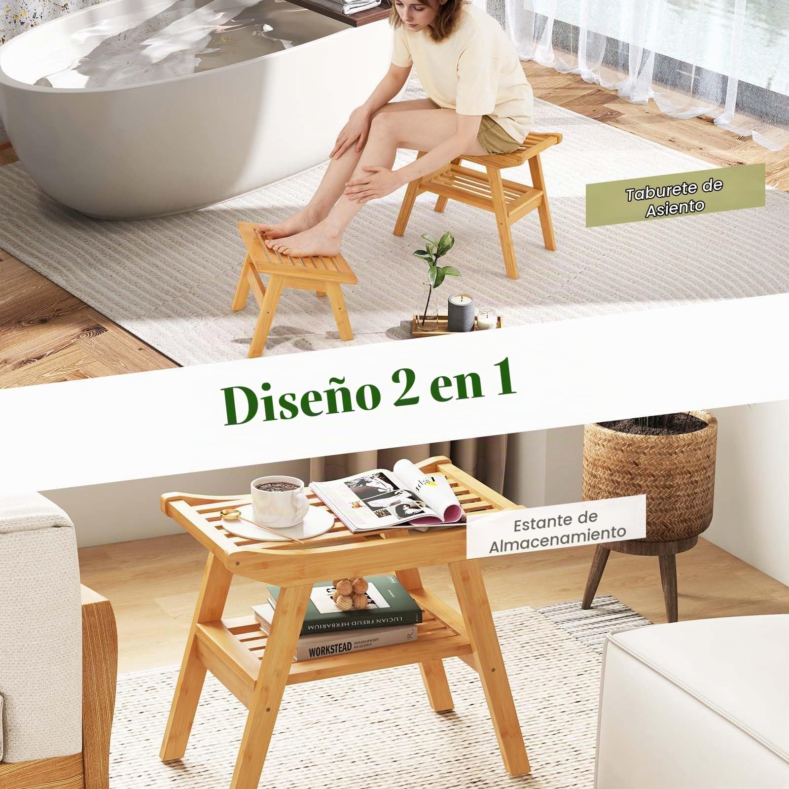 Homasis Set de Banco de Ducha de Bambú con Estante de Almacenamiento, Taburete de Ducha de Baño con Antideslizante para Pies, Capacidad de Carga 150 kg, para Adultos, Mujeres Mayores, Ancianos, Interi