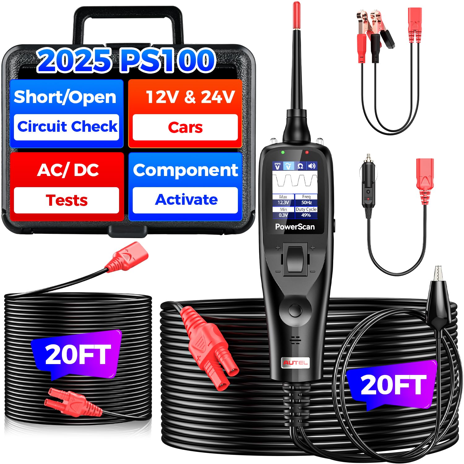 2025 Autel PowerScan PS100 Power Circuit Probe Tester, 12-24V Automotive Electrical Open/Short Breaker Finder, Component Activation Test Tool, AC/DC Trailer Relay Fuse Test, 40FT Cable, for 99% Cars