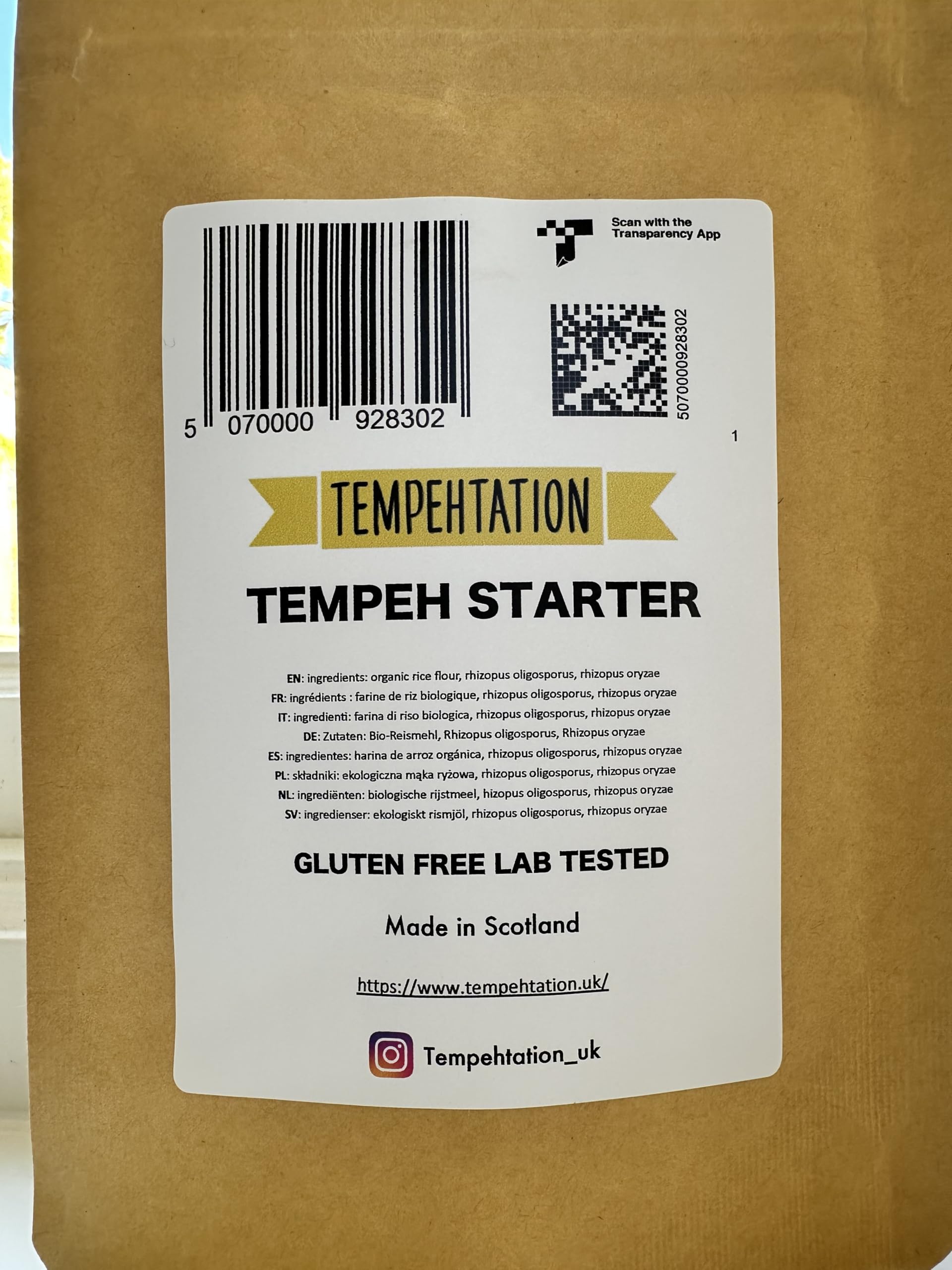 Tempehtation Cultivo Iniciador de Tempeh Orgánico, Sin Gluten Probado en Laboratorio, Hecho en Escocia, 70 Gramos