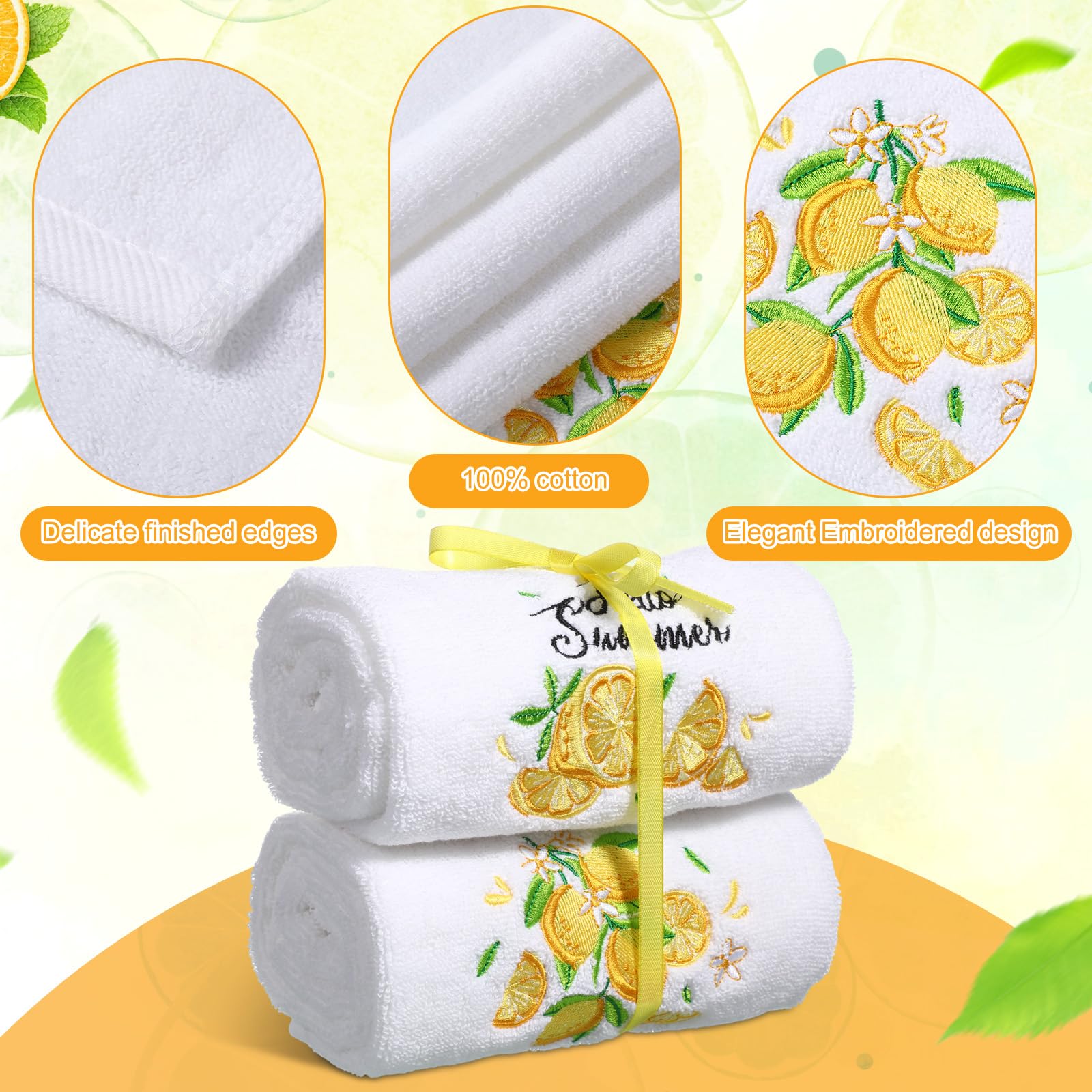Remagr Paquete de 2 toallas de mano de algodón bordadas de limón de 13.7 x 29.5 pulgadas, toalla de mano de verano con cinta decorativa de verano con temática de frutas, juego de paños de cocina para