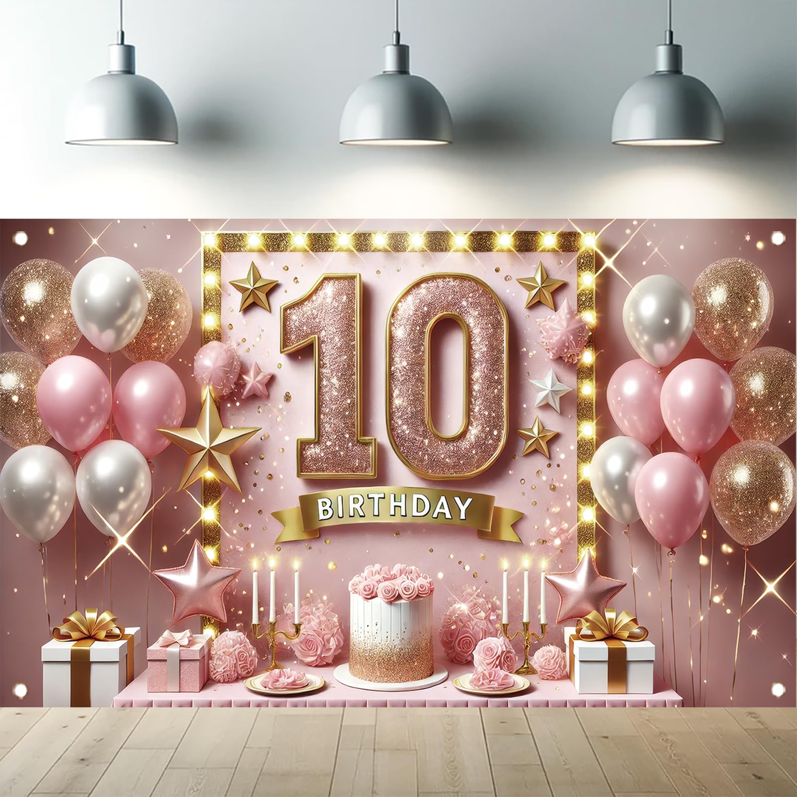 Starlit Patio Pink 10th Birthday Backdrop 71 x 43 Inch Gold Glitter Number Party Banner Elegant Balloon and Star Photo Booth Background Decorations