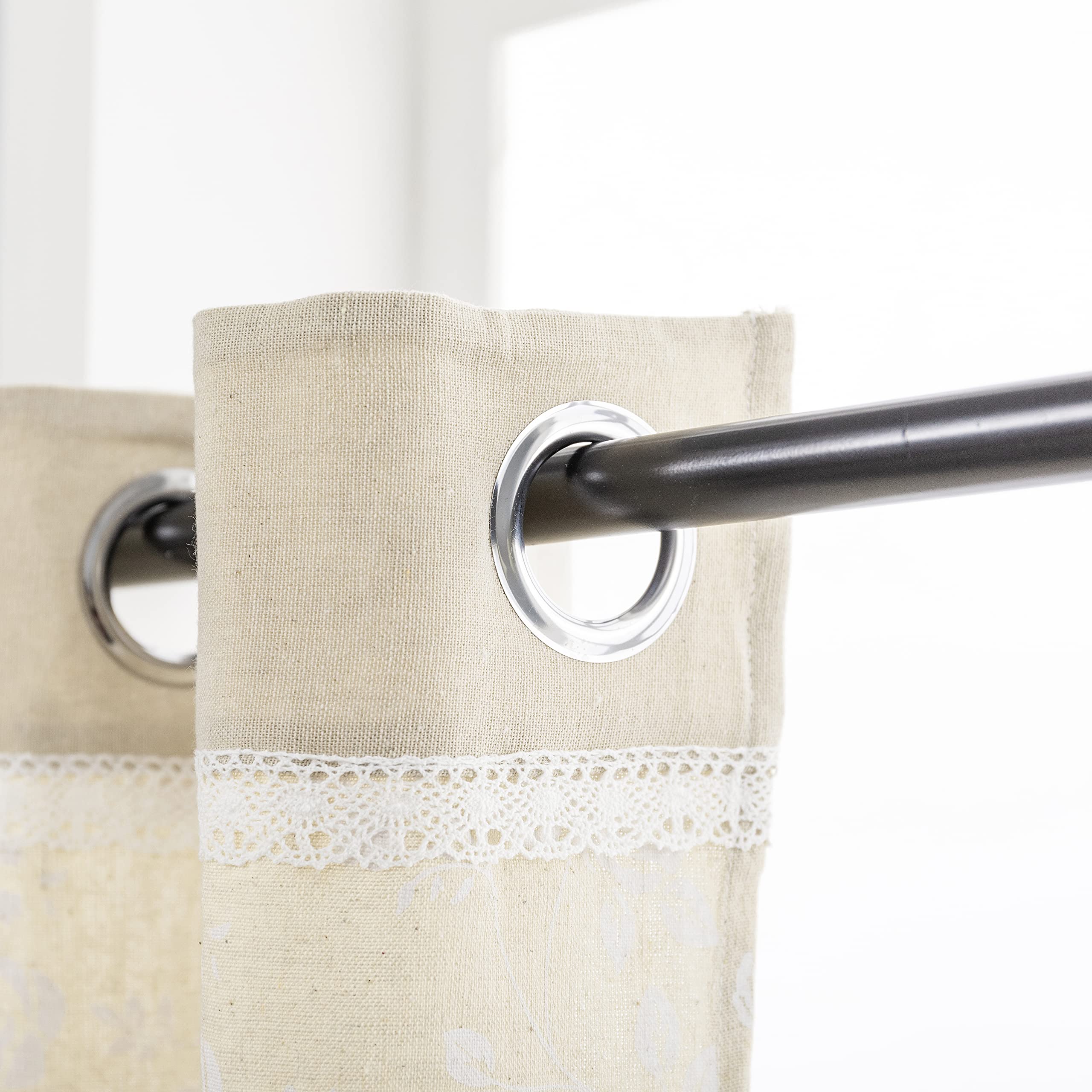 Paire de rideaux blancs semi-transparents avec ourlet supérieur beige imprimé rose, style shabby chic, pour salon, chambre à coucher, balcon, 2 panneaux avec œillets (beige, 140 x 280 cm)
