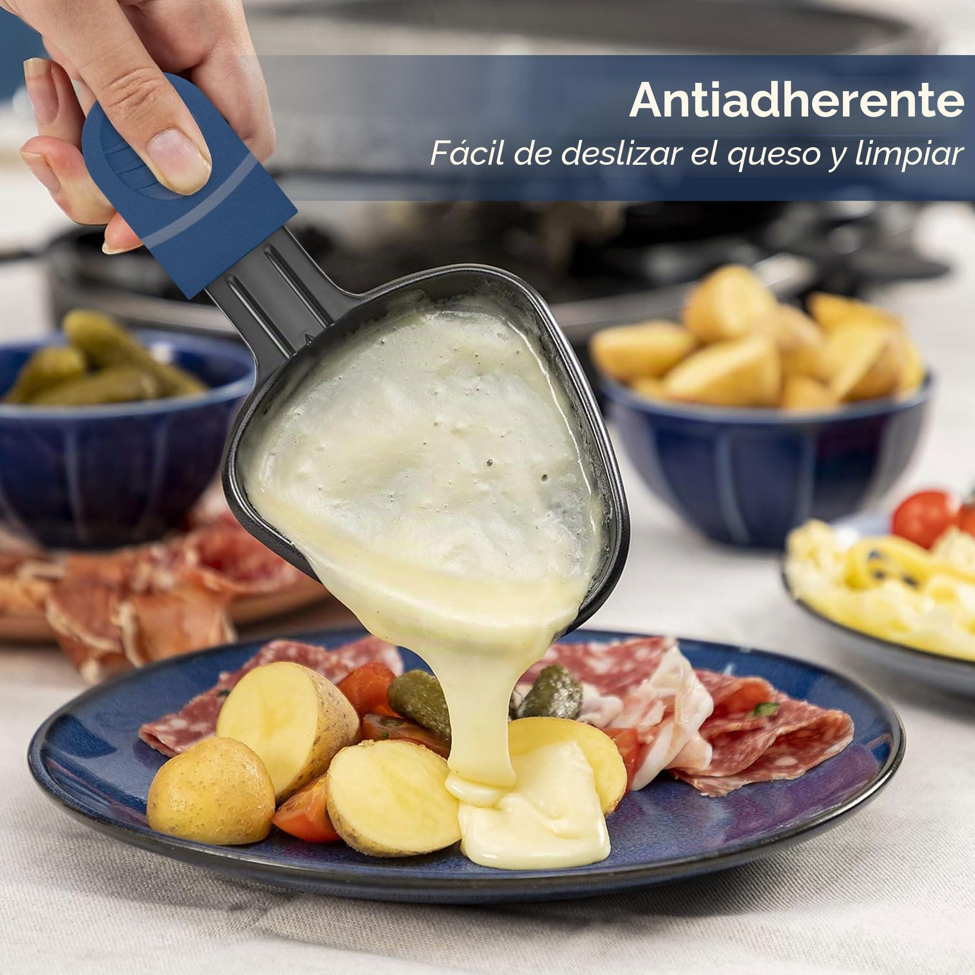 ipow Set 8 Sartenes Raclette Triangulares Mangos Multicolor + Palas - Antiadherente
