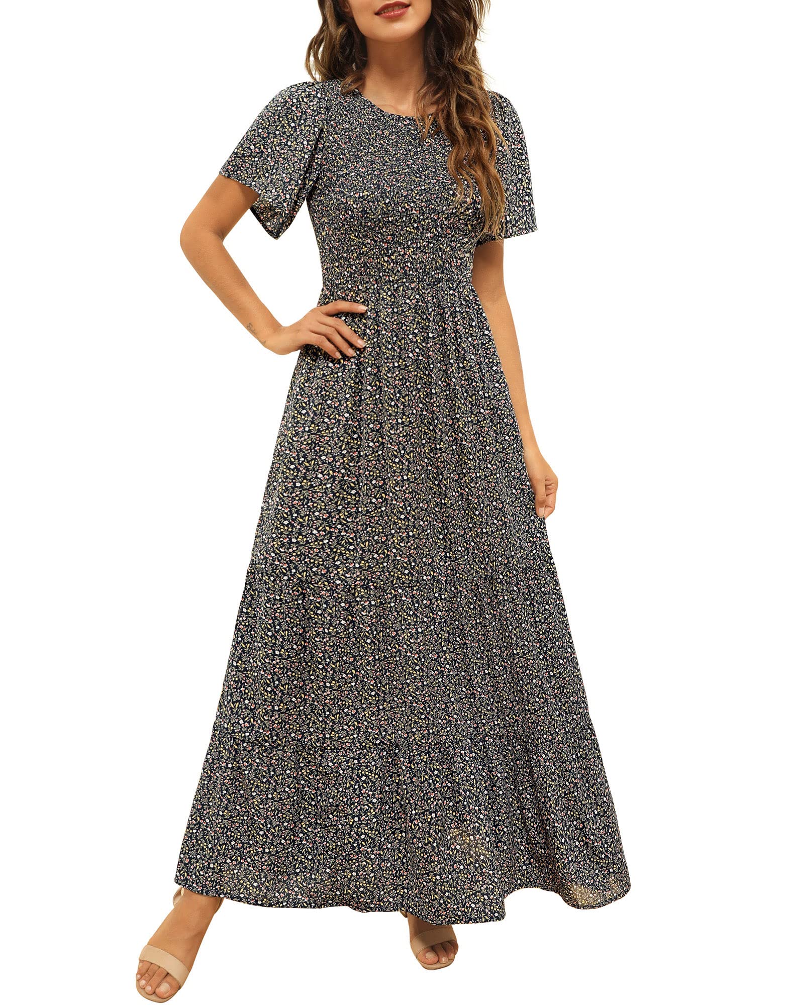 Kranda Women 2025 Summer Fall Crewneck Short Sleeve Smocked Floral Maxi Dress