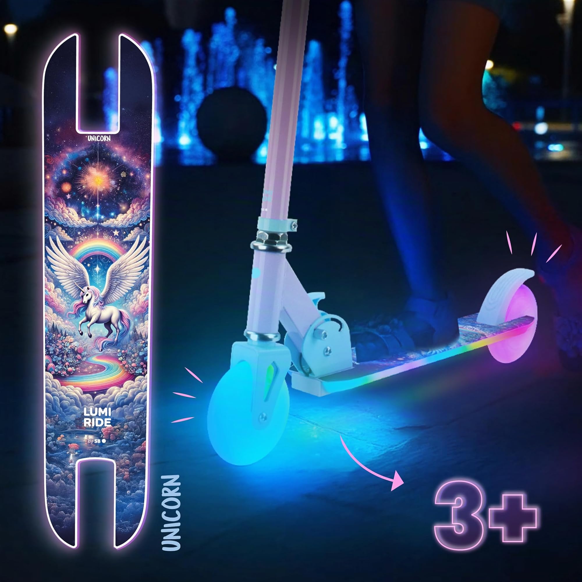 LUMI RIDE Monopattino Bambini 3 Ruote LED 3+ | LED a 7 colori con 20 programmi, manubrio regolabile, freno a pedale, maniglie removibili